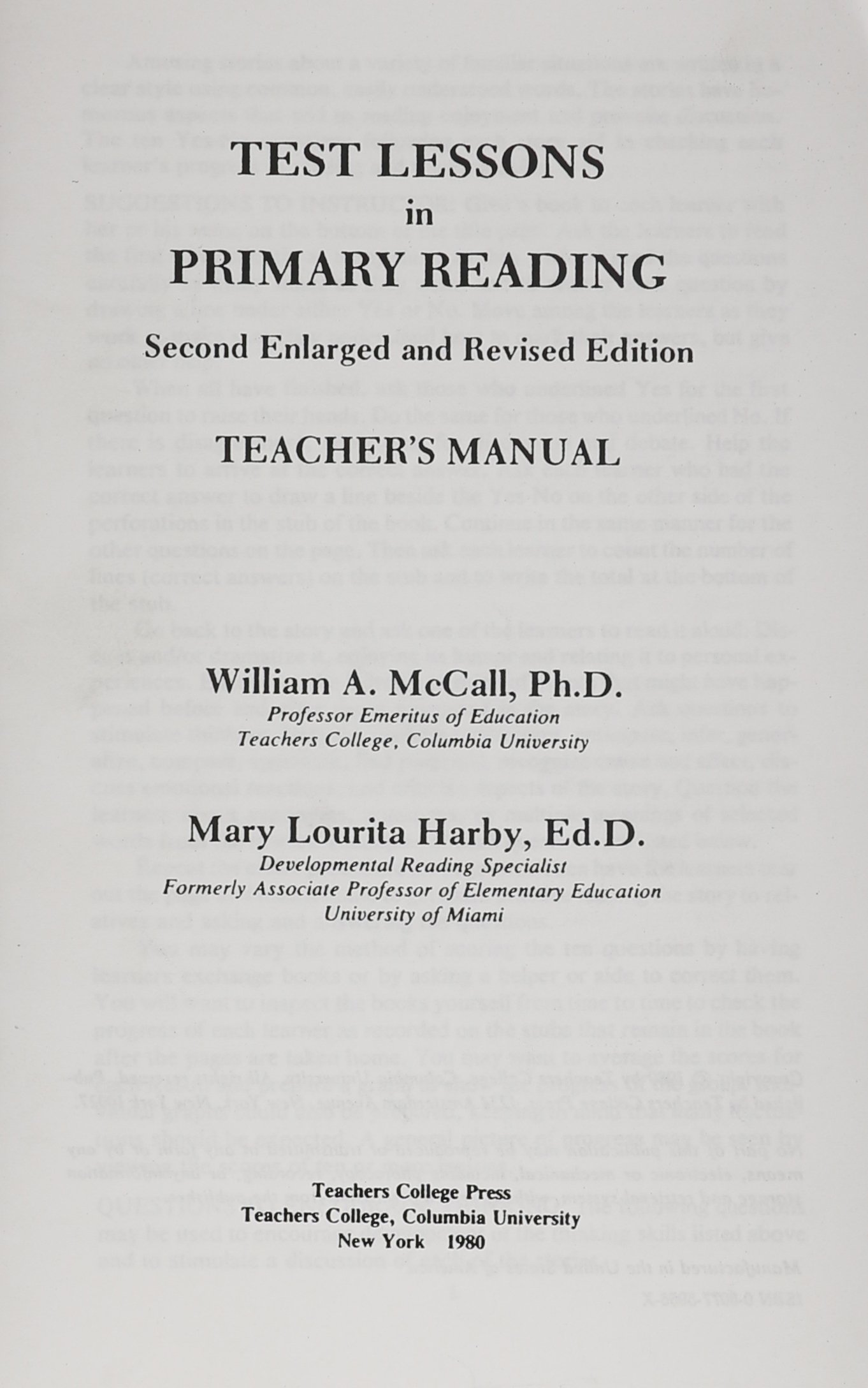 Test Lessons in Primary Reading, Teachers Manual/Answer Key