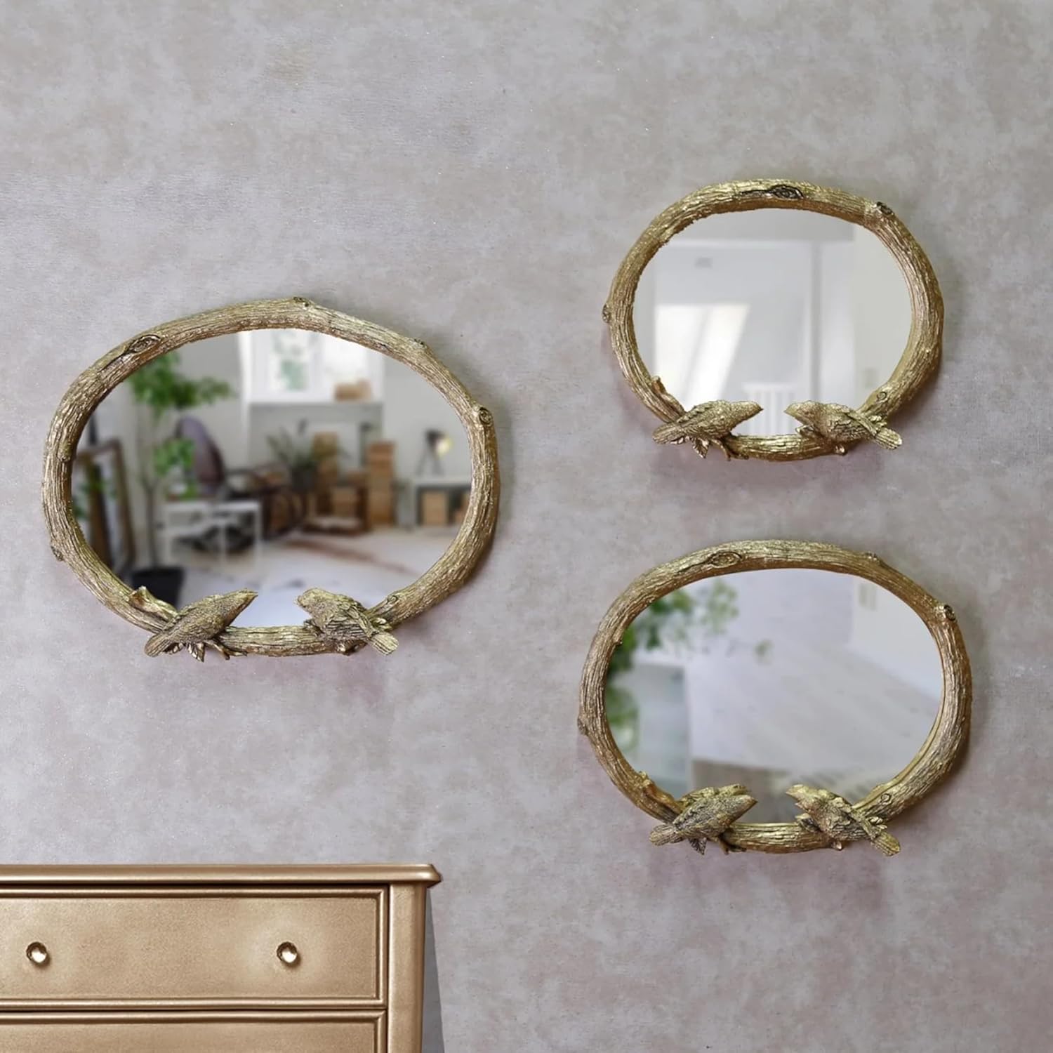 Bird Oval Mirror Set of 3 – Vintage Gold Branch Frame with Birds, Handmade Resin Mirrors – Nature Inspired Wall Decor (Gold)