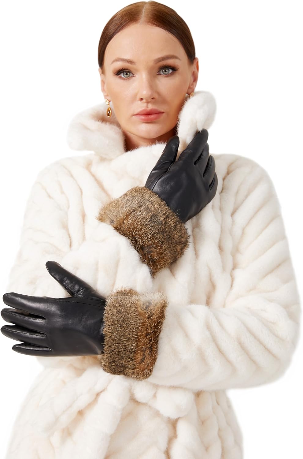 VIKIDEER Very Warm Fur Lined Gloves Women with Natural Brown Rabbit Fur Cuffs Leather Gloves Touchscreen Texting Driving