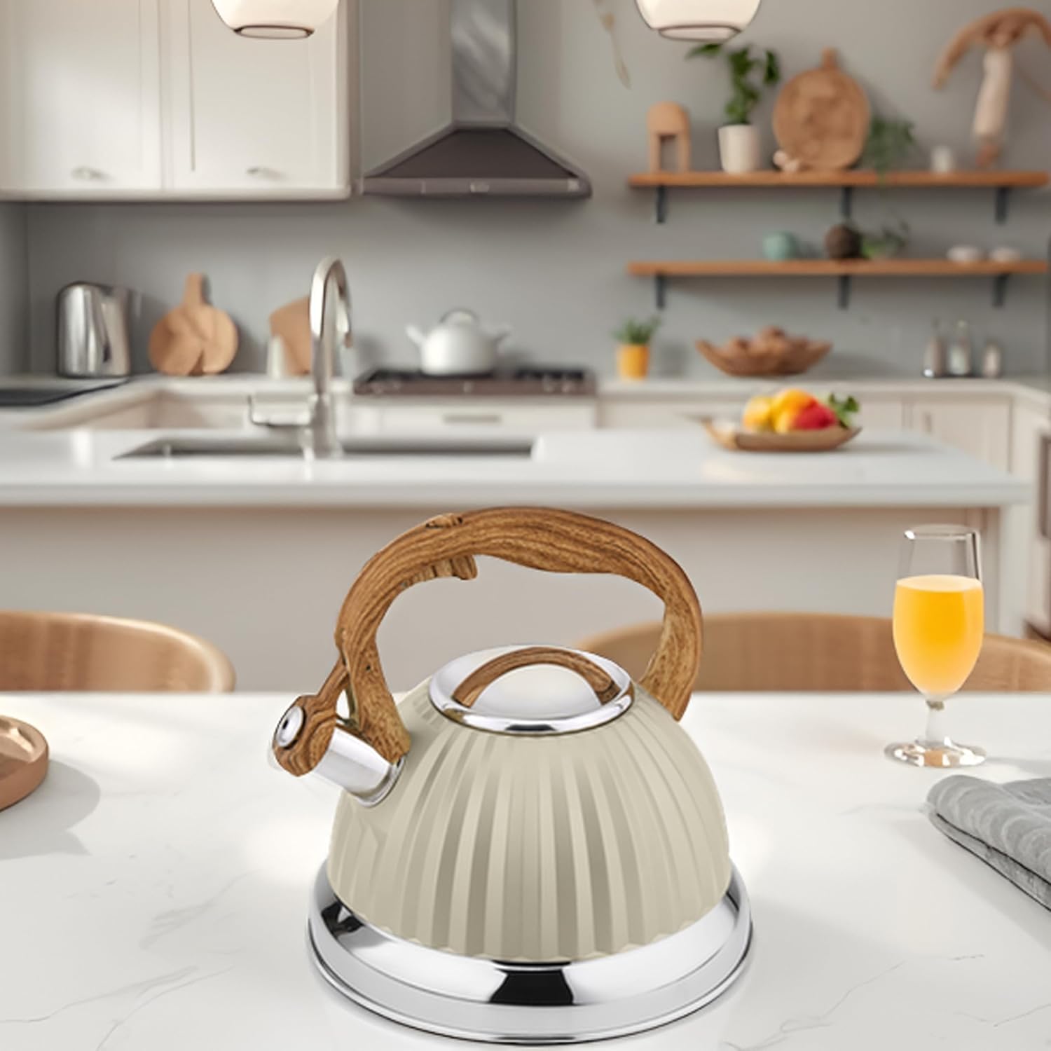 HOMEHUT Modern Stovetop Tea Kettle with Wooden Look Handle - Stainless Steel Stovetop Tea Kettle 3L / 12 Cup Capacity, nduction Compatible for Gas, Electric & Ceramic Cooktops, Ivory