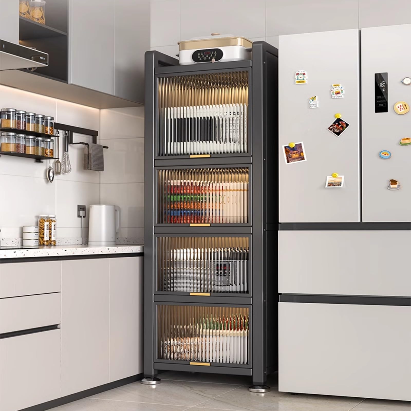 Gabinete de almacenamiento de cocina blanco, estante para panaderos con puertas transparentes, estantes de despensa, almacenamiento versátil para electrodomésticos de cocina (50 x 154 x 36 cm)