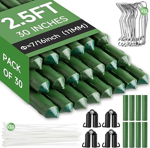 FOTMISHU Juego de 30 estacas de jardín de 2.5 pies y 30 pulgadas, 5 pies, 7.5 pies y 10 pies, estacas resistentes con revestimiento de plástico,