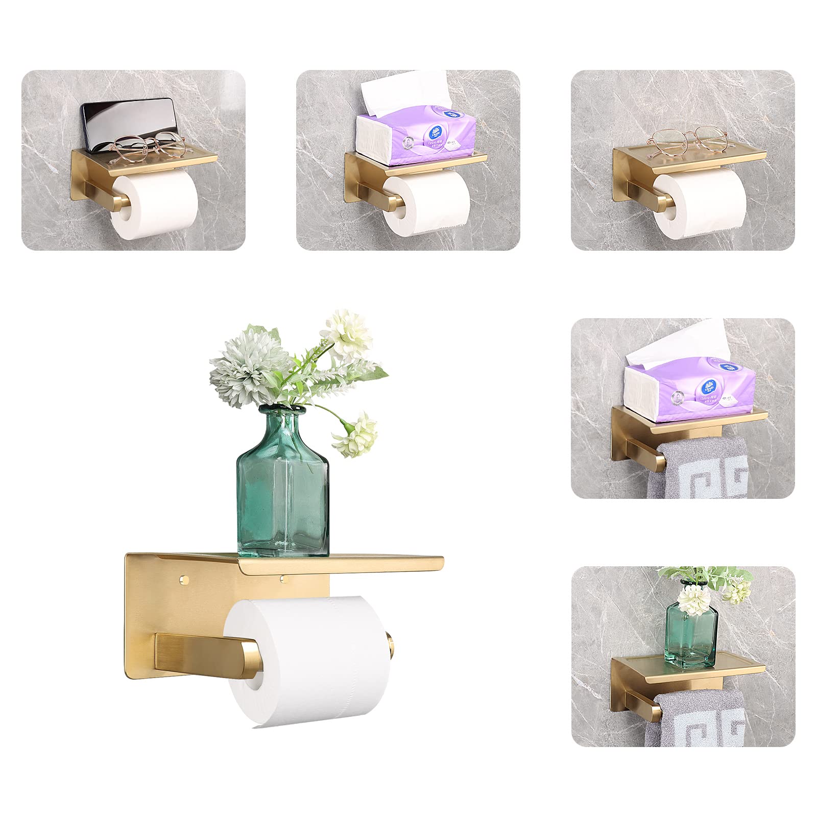NearMoon Toilet Paper Holder with Shelf, Heavy Duty Bath Toilet Roll Holder with Phone Shelf Tissue Hanger for Bathroom/Kitchen No Drill or Wall Mounted(304 Stainless Steel, Brushed Gold) — Amazon image 7