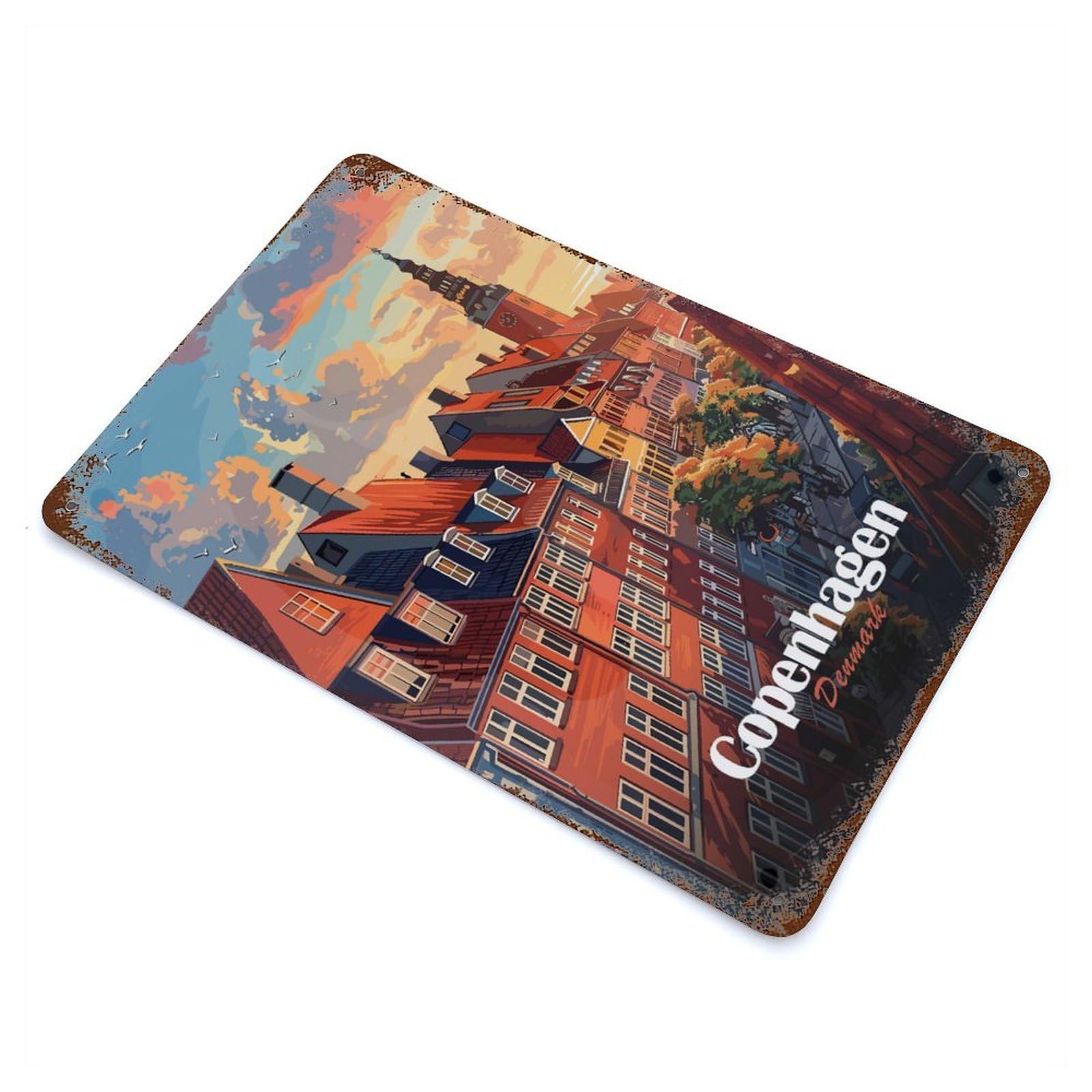 Rust Effect Copenhagen, Denmark Cityscape Art Vintage Rust Metal Sign 11.8"x7.9", Farmhouse Wall Decor for Basement, Hobby Room And Garage Decor