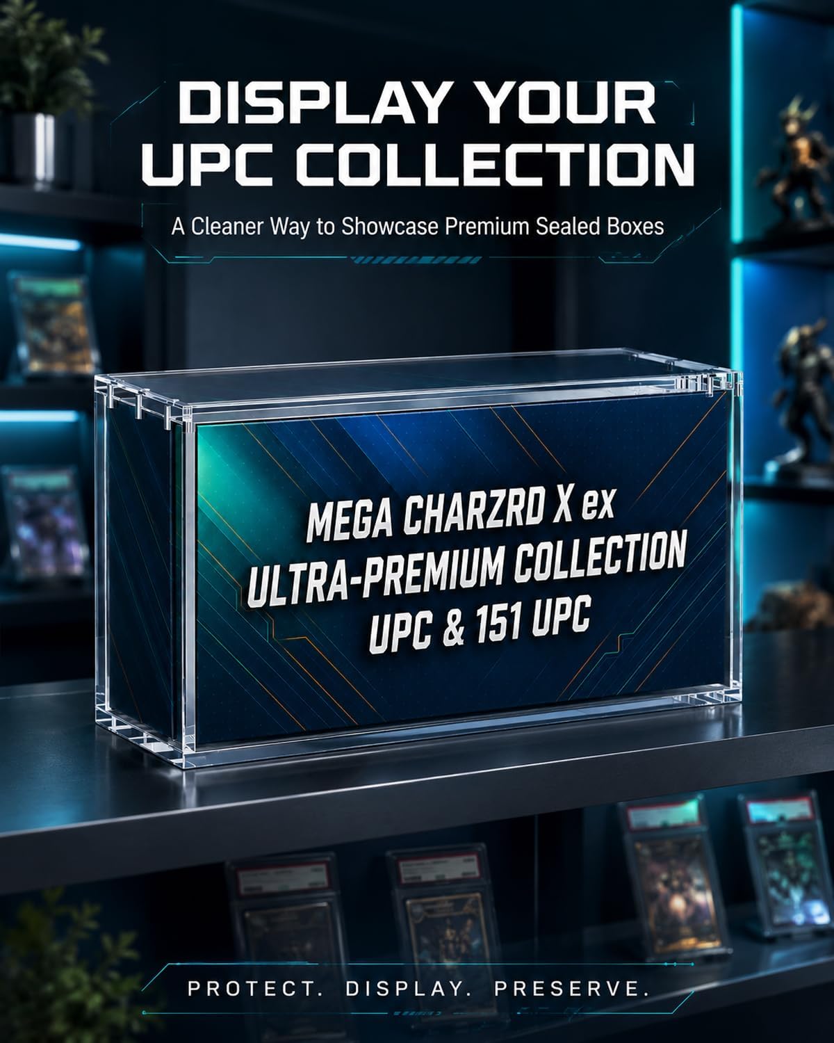 Acrylic Display Case Compatible with Mega Charizard X ex Ultra-Premium Collection - Heavy Duty 8mm+5mm Magnetic Box for Terapagos/151 UPC - UV Resistant & Dustproof Storage Protector