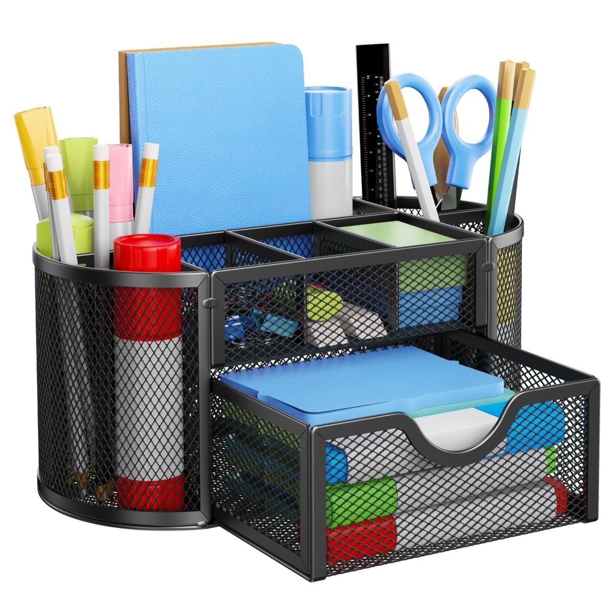 SAGELSHN Pen Holder Office Supplies Mesh Desk Organizer With Drawers Pen Holder 9 Compartments For Office Supplies Desk Organizer