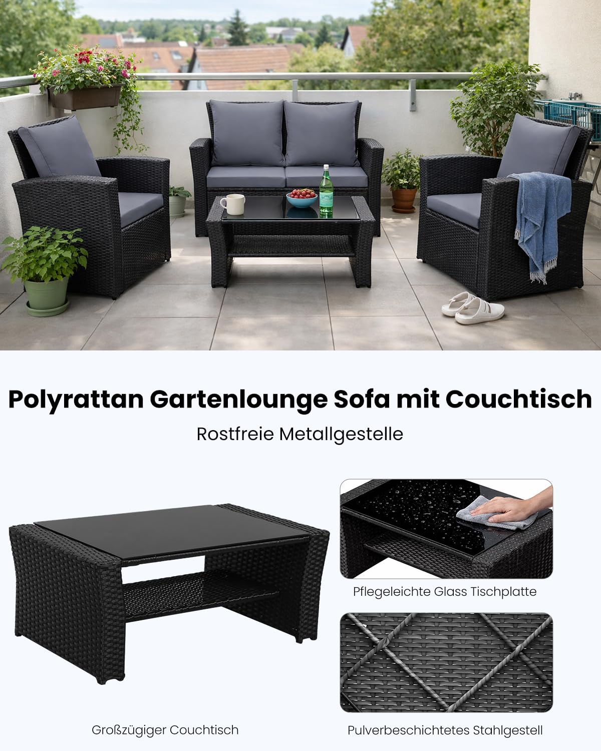 LANOX 4-Teiliges Poly Rattan Balkonmöbel Set mit Sofa und Couchtisch