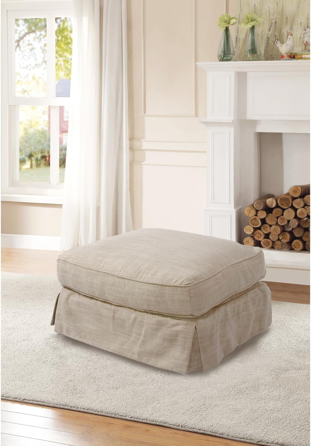 HomeStock Slipcovered Ottoman Cover, Linen Ottoman Slipcover, Bohemian Decor, Living Room Ottoman, Easy Care Ottoman