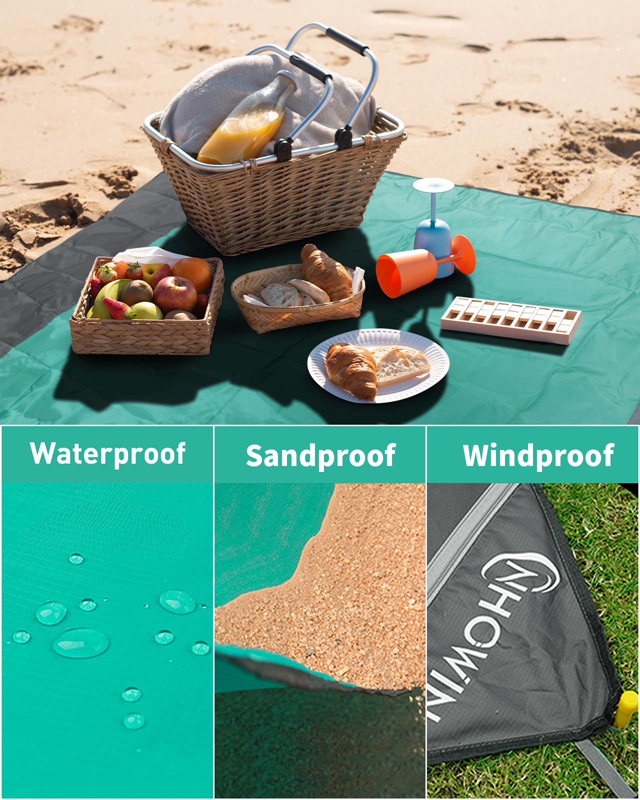 Stranddecke Sandfrei Wasserdicht, Super Groß 210cm x 200cm Strandmatte with 3 Reißverschlusstasche, Ultraleicht und Tragbar Picknickdecke 0.36kg für den Strand, Campen, Picknick, Ausflüge