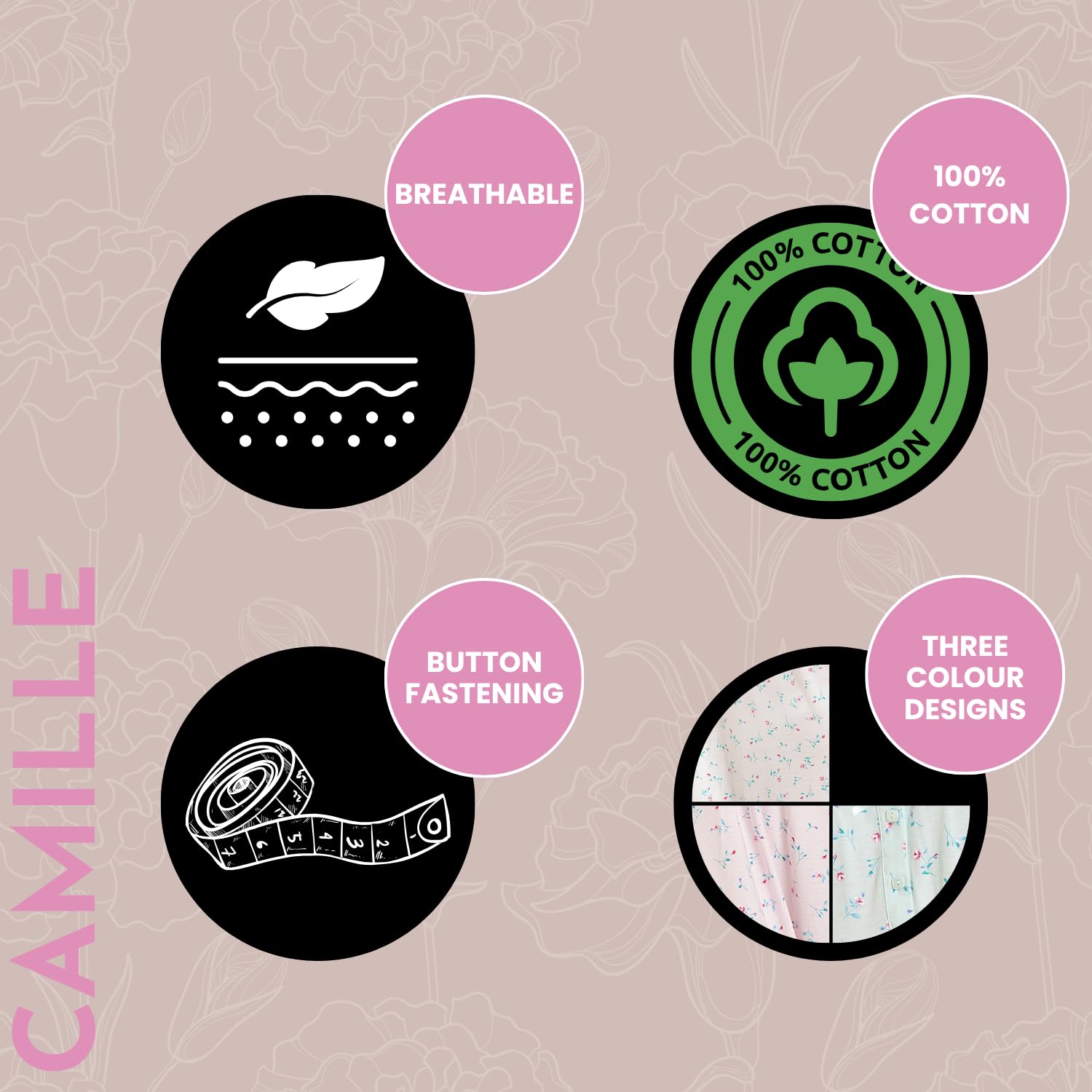 Camille Camisón de Manga Larga para Mujer, diseño Floral, clásico, Suave, camisón de Jersey con Cierre de botón de Cuello Redondo