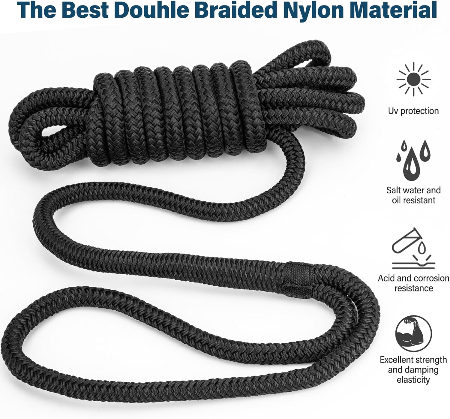 2 Pack 1/2" x 15' Boat Dock Lines for Boat & Pontoon, Premium Marine- Grade Double Braided Nylon Boat Lines, Pre-Spliced with a 12" Eyelet-Black,High Strength,Easy Handling,Boating Gifts for Men.