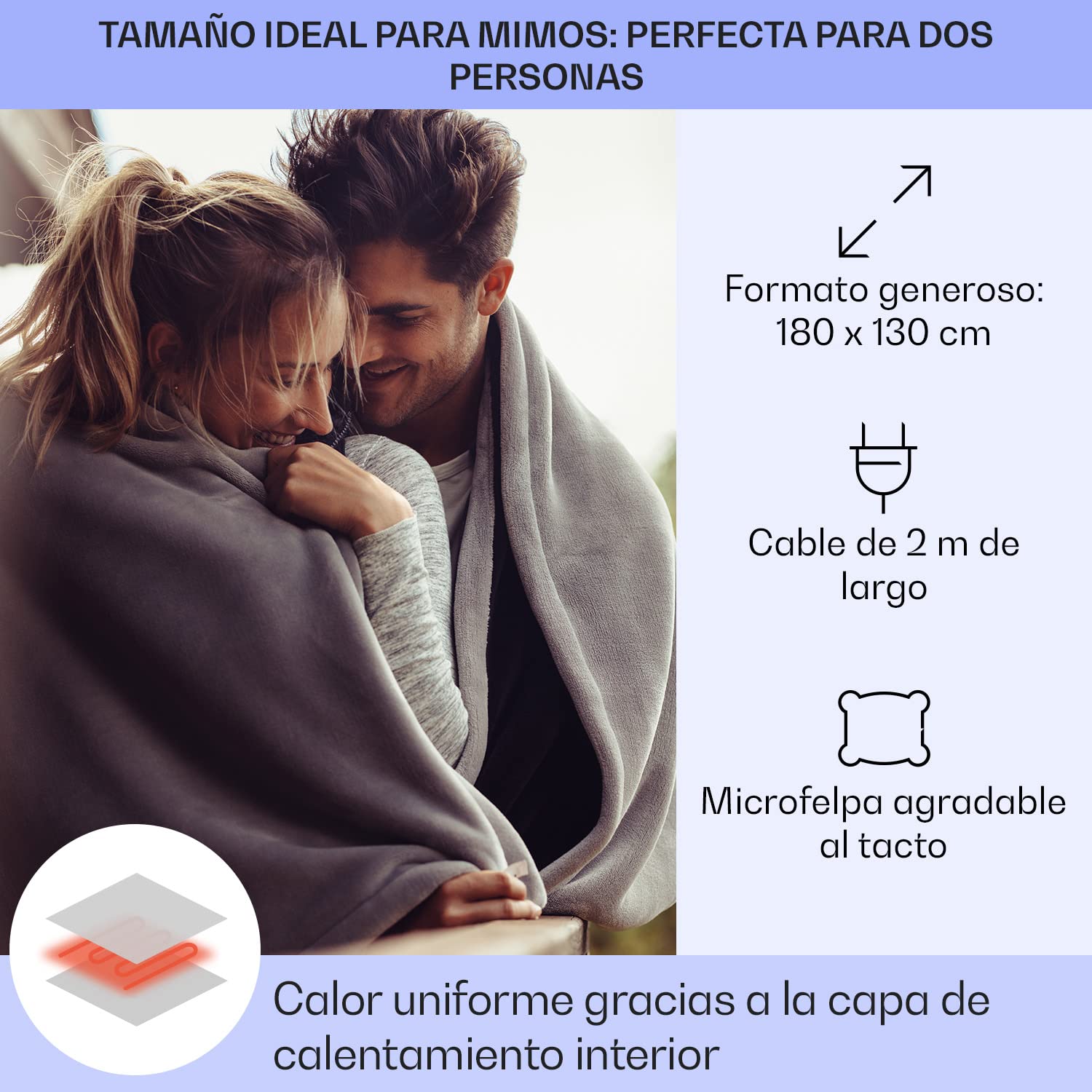 Klarstein Dr. Watson XL - Manta eléctrica, Frazada eléctrica, Calentador de Cama, 180 x 130 cm, Potencia 120 W, 3 Temperaturas Regulables, Temporizador, Marrón XL