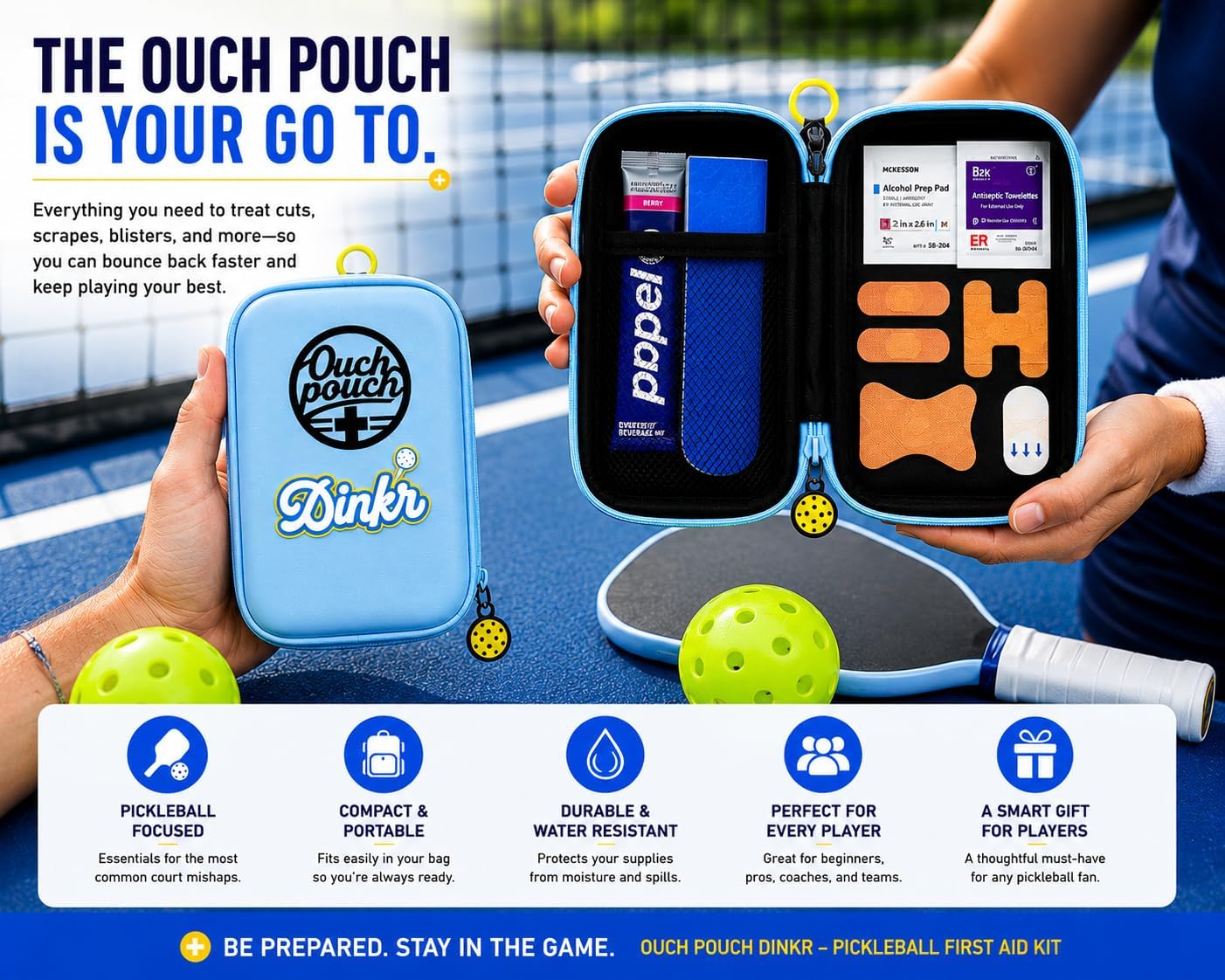 Ouch Pouch™ Pickleball First Aid Kit by Dink'r | 14-Piece Court-Ready Kit in EVA Hard Case | Blister, Cut & Swelling Care | Cold Pack + Electrolytes Included | Gift for Pickleball Players