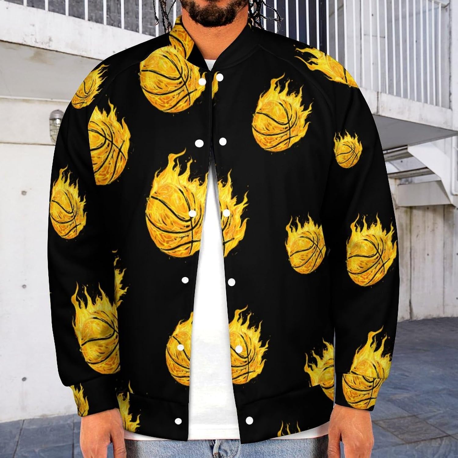 Fire Basketball Ball Flaming Novelty Men's Baseball Jackets Causal Sweatshirt Button Top Long Sleeve Coat