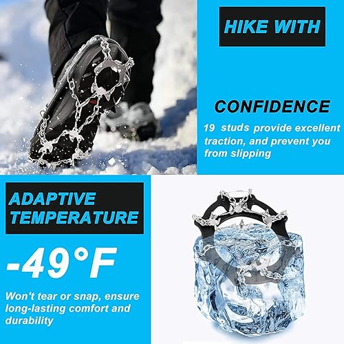 Miniatura 3 de Crampones - Tacos de hielo, tracción para zapatos y botas, 19 tachuelas antideslizantes de acero inoxidable, tacos de nieve seguros para senderismo,