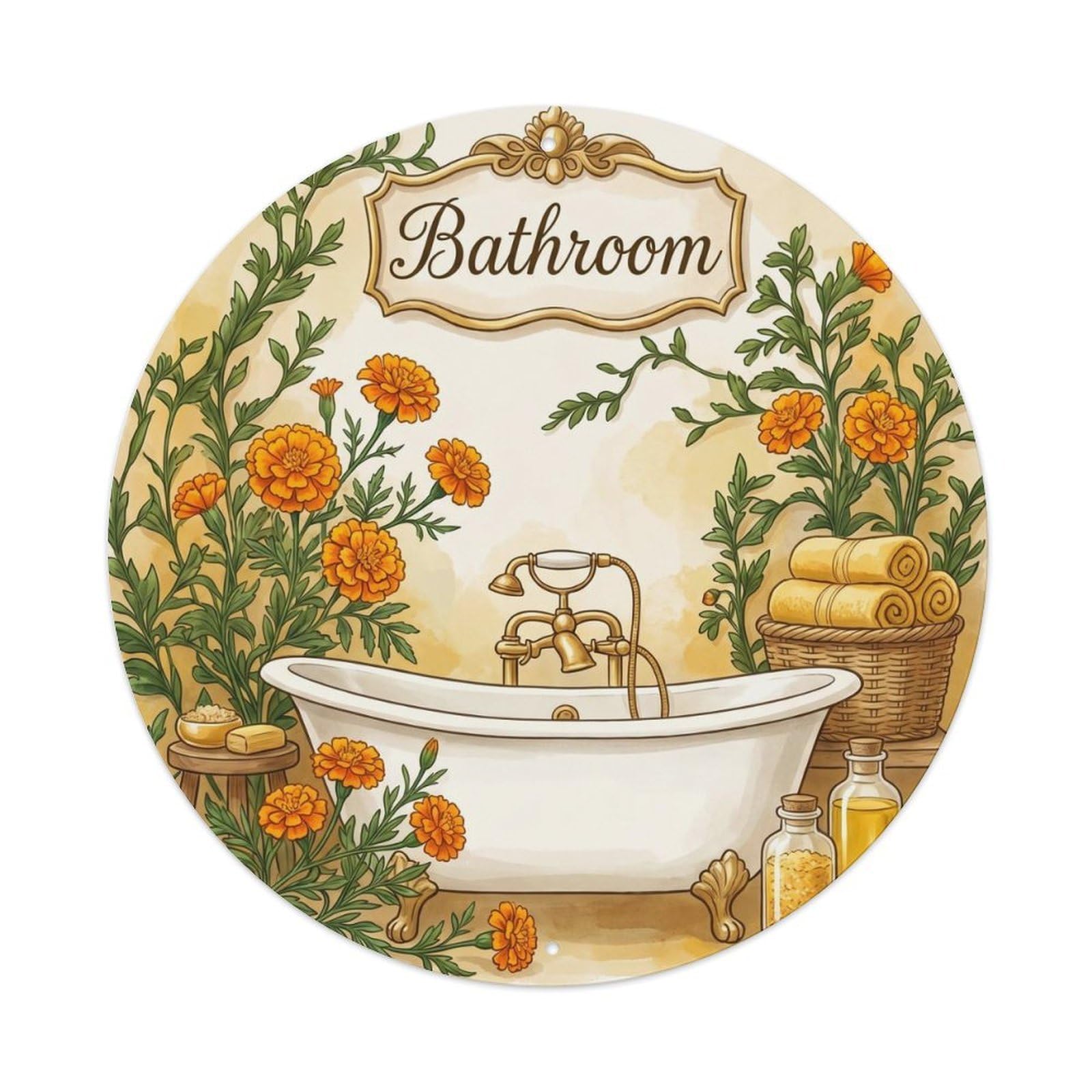 Yrnq Vintage Style Bathroom Marigold Bathtub Round Decor Vintage Metal Tin Sign Plaque Wall Decor For Cafe, Club, Garden Round Metal Poster 8X8inch