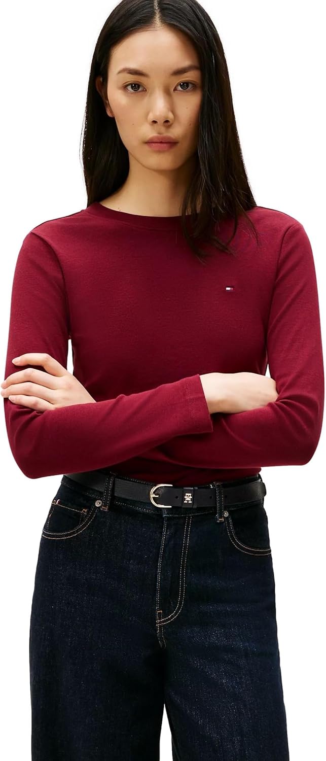 Tommy Hilfiger Women's Slim Fit Favorite Long Sleeve Crewneck Flag Logo T-Shirt, Burgundy, XL - Image 2