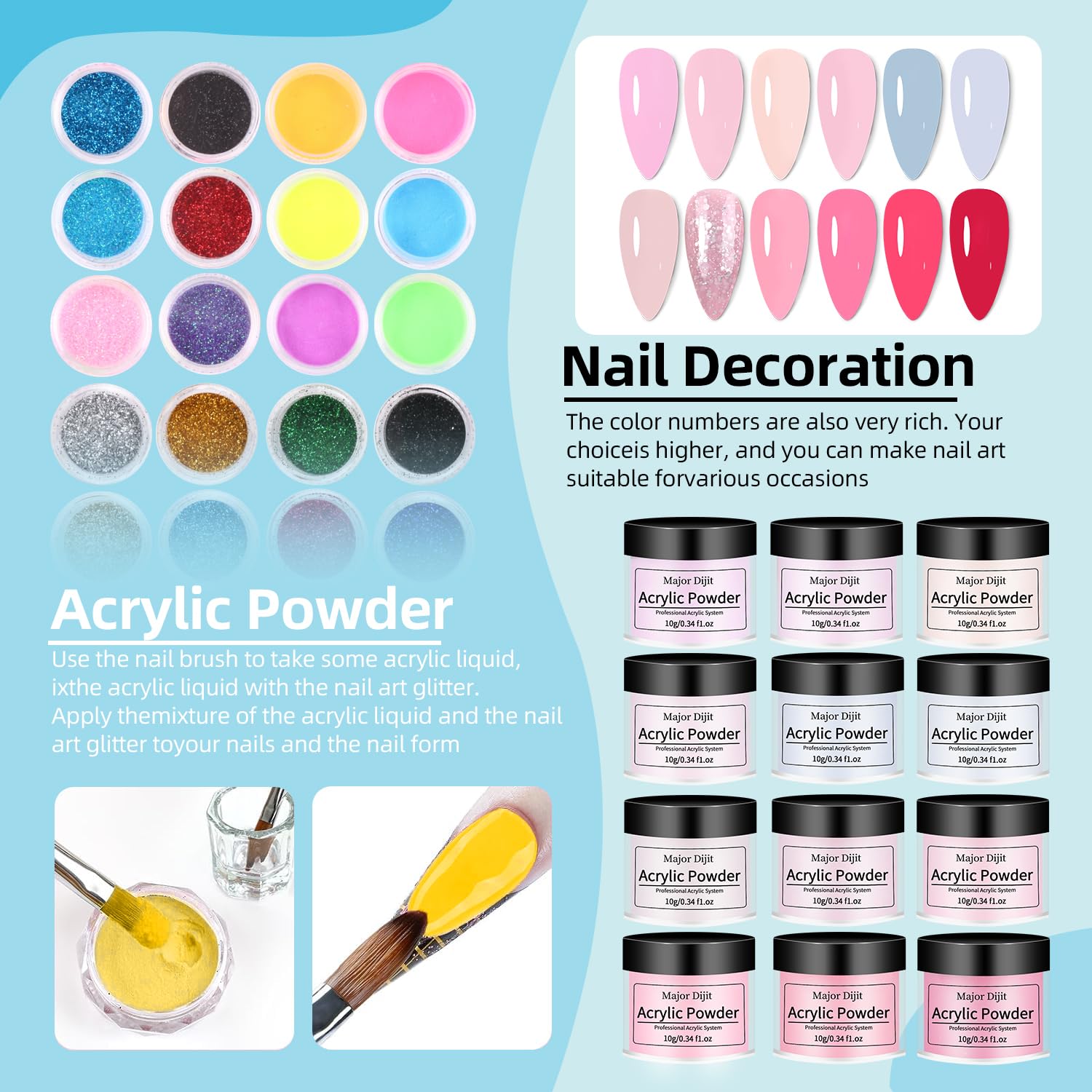 Major Dijit Acryl Nagel Set für Anfänger mit flüssigem Monomer, 12 Acryl Pulver Farben, UV Lampe & komplettem Zubehör – Alles für künstliche Nägel inklusive(Pink)
