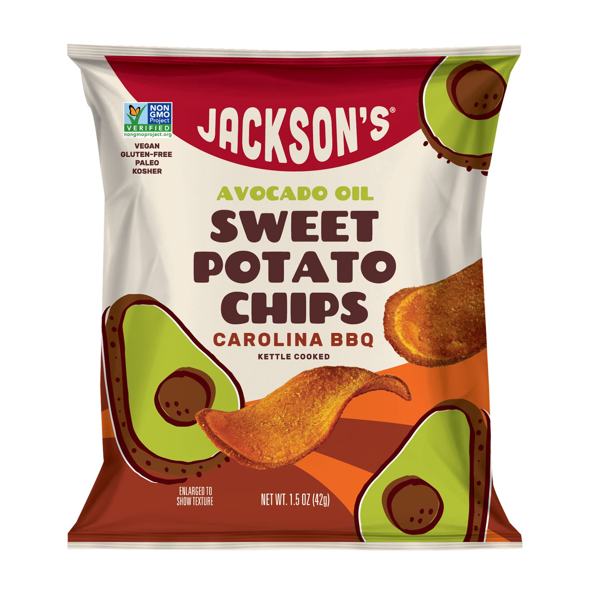 Jackson’s Sweet Potato Carolina BBQ Kettle Cooked Chips - with Premium Avocado Oil (1.5 oz, Pack of 10) - Gluten-Free, Peanut Free, Vegan, Allergen-Friendly - Shark Tank Product