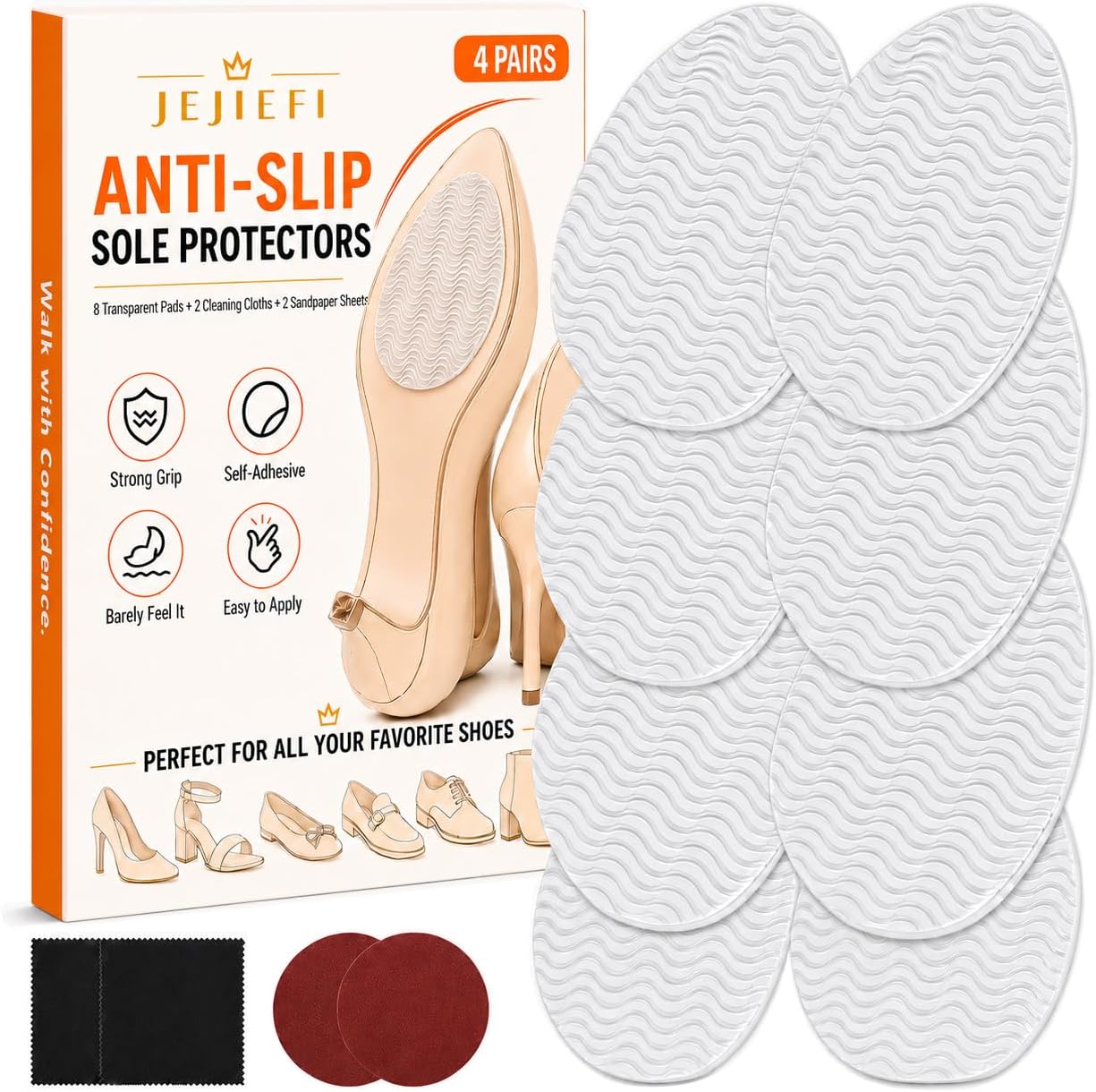 Non Slip Shoe Pads, 8PCS Anti Slip Shoe Grips on Bottom of Shoes, Self Adhesive Clear Sole Protectors for Heels, Boots, Dress Shoes and Casual Shoes, with Cleaning Wipes & Sandpaper