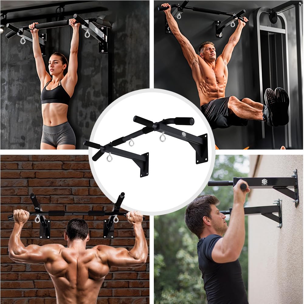 ManiBoom Sbarra Trazioni a Muro Fissa (150kg) - Barra Trazioni da Parete con 3 Anelli TRX per Calisthenics e Palestra in Casa