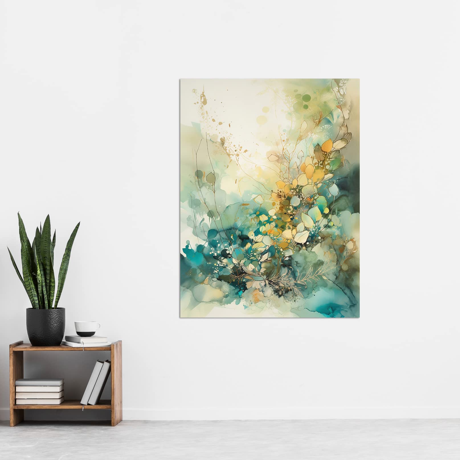 Artery8 Wild Plant Flora in Teal Blue and Orange Modern Watercolour Painting Extra Large XL Wall Art Poster Print - Image 2