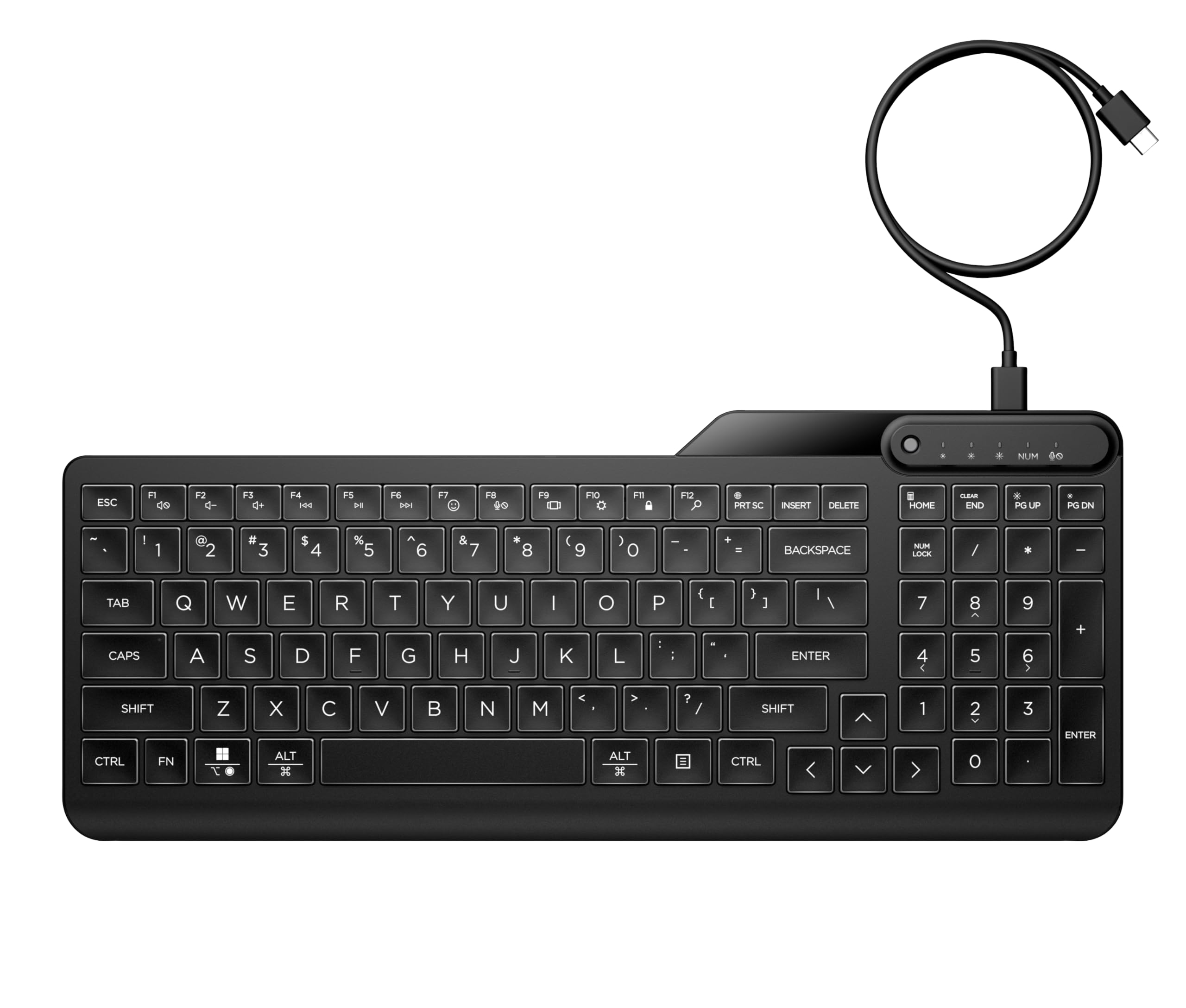 HP 400 Kabelgebundene Tastatur mit Hintergrundbeleuchtung, QWERTZ Deutsches Layout, 12 programmierbare Tasten, spritzwassergeschützt, USB-C-Kabel mit USB-A-Adapter, schlankes Design, Schwarz