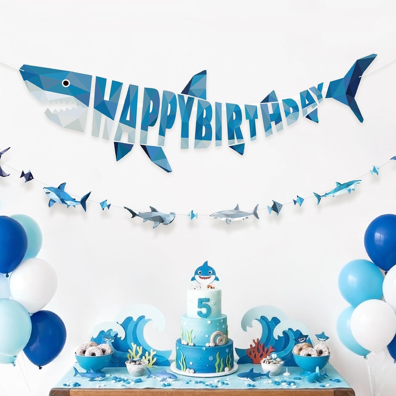 Cheerland Shark Birthday Party Decorations Happy Birthday Banner Hanging Shark Decorations Garland Geometric Style Under the Sea Party Decoration Fish Sea Creature Nautical Ocean Theme Pool Supplies