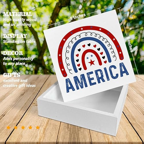 Miniatura 2 de Letrero patriótico de madera con diseño de arco iris, decoración de Estados Unidos, para el Día de la Independencia, letrero cuadrado de madera para