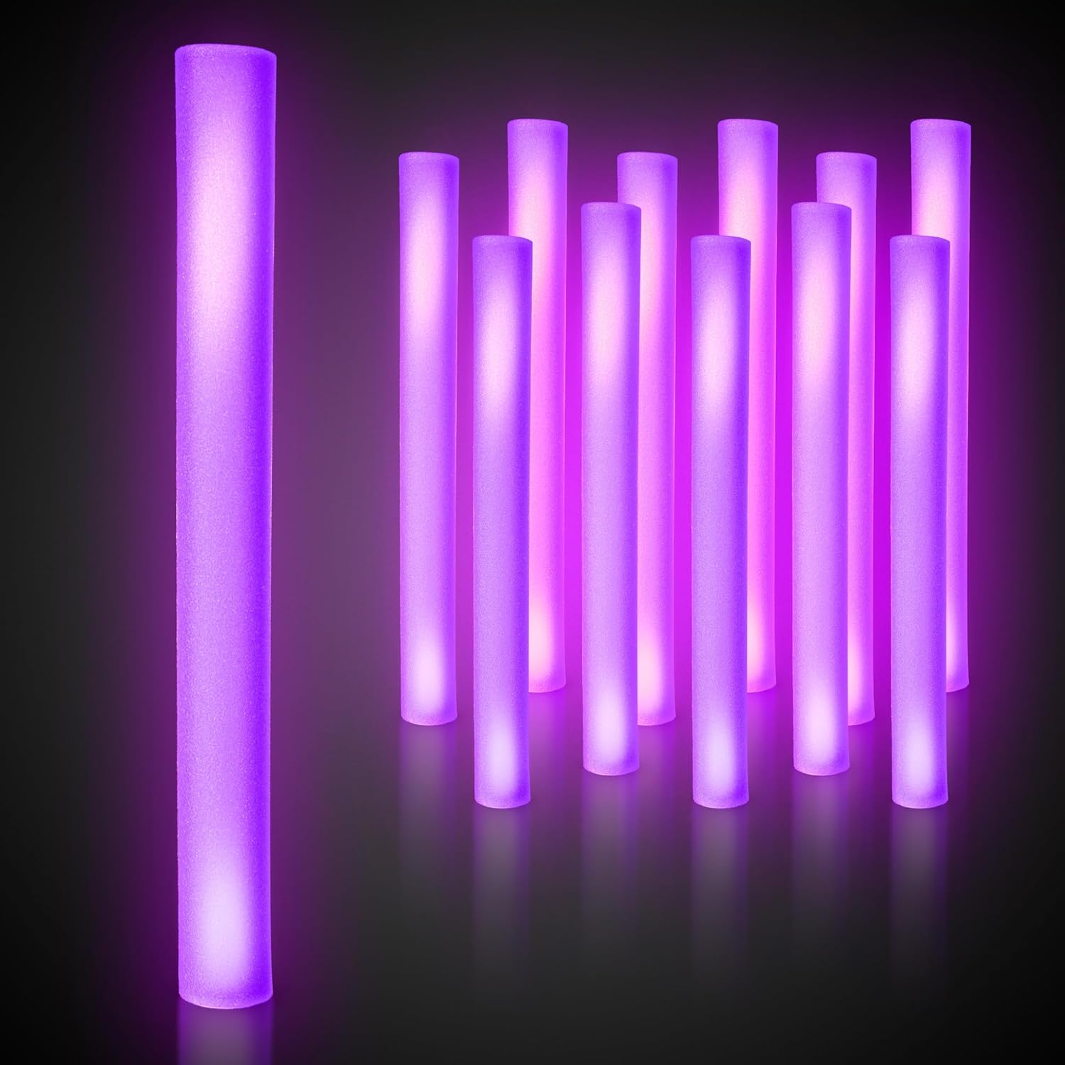 Fun Central 16” LED Foam Sticks – 12 Pack Purple Light Up Cheer Batons with Flashing Modes for St. Patrick’s Day Parades & Mardi Gras Parties (Purple)
