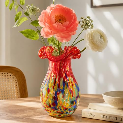 Hand Blown Glass Vase, Red Multicolor Ruffled Art Vase for Flowers, Wide Mouth Flower Vessel for Home Decor, Tabletop Shelf Mantel Living Room Centerpiece