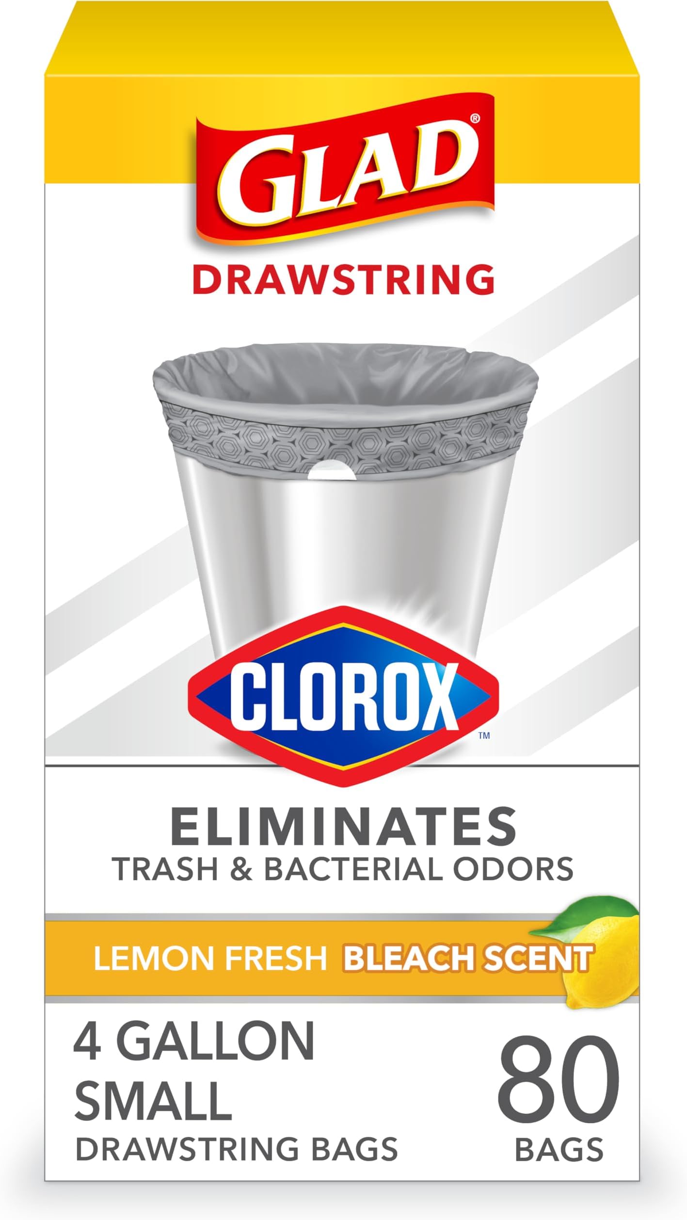 Glad Small Drawstring Trash Bags with Clorox, 4 Gal, Lemon Fresh Bleach, 80 Ct (Package May Vary)