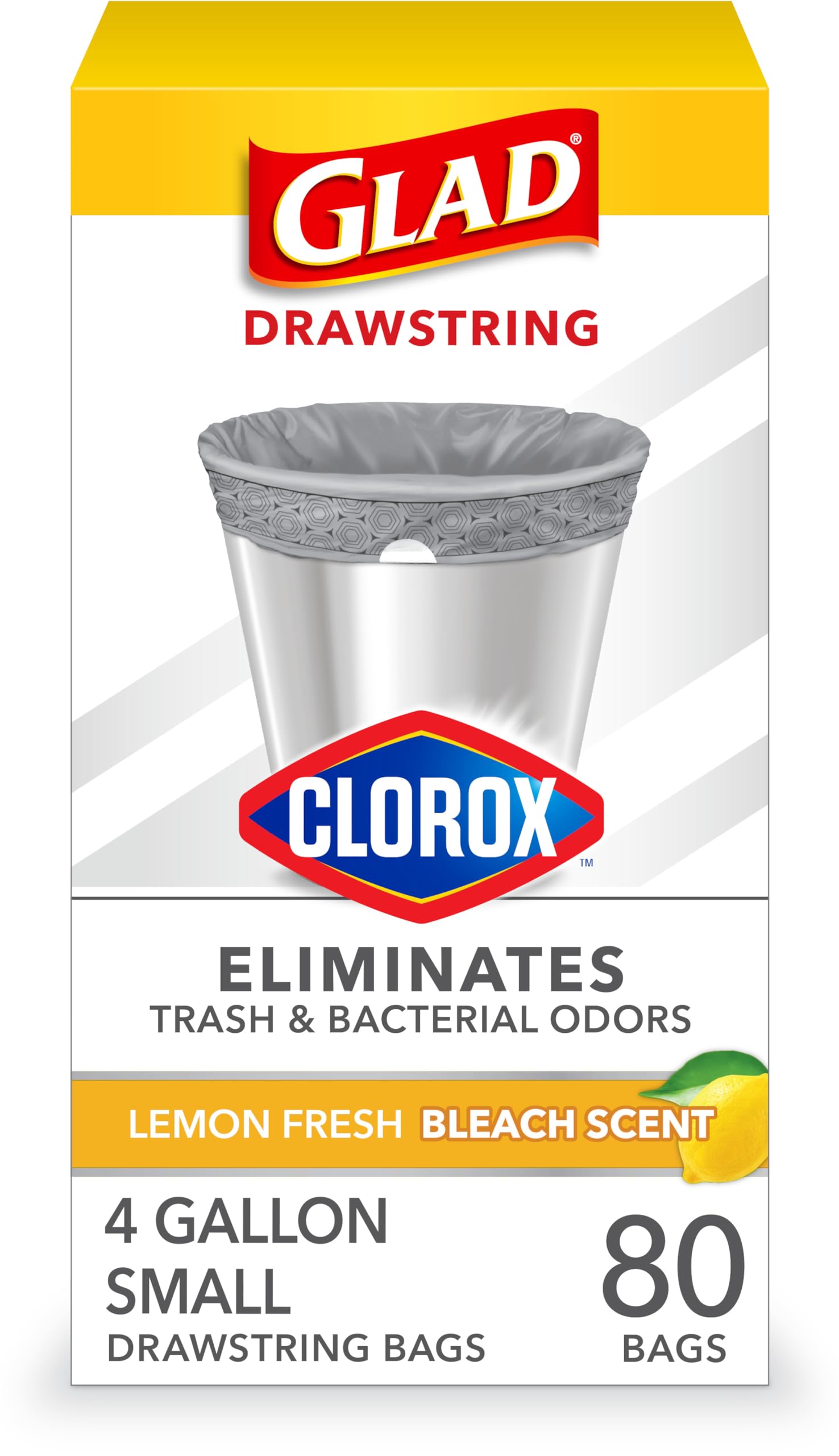 Glad Small Drawstring Trash Bag with Clorox, 4 Gal Lemon Fresh Bleach Scent 80 Ct (Package May Vary)