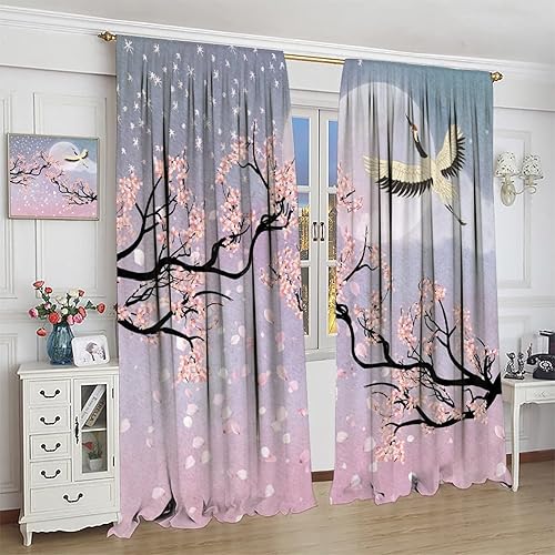 Miniatura 4 de Cortinas opacas con diseño de flor de cerezo, estilo oriental, ramas de ciruelo rosa que florecen y caen, cortinas opacas de paisaje japonés