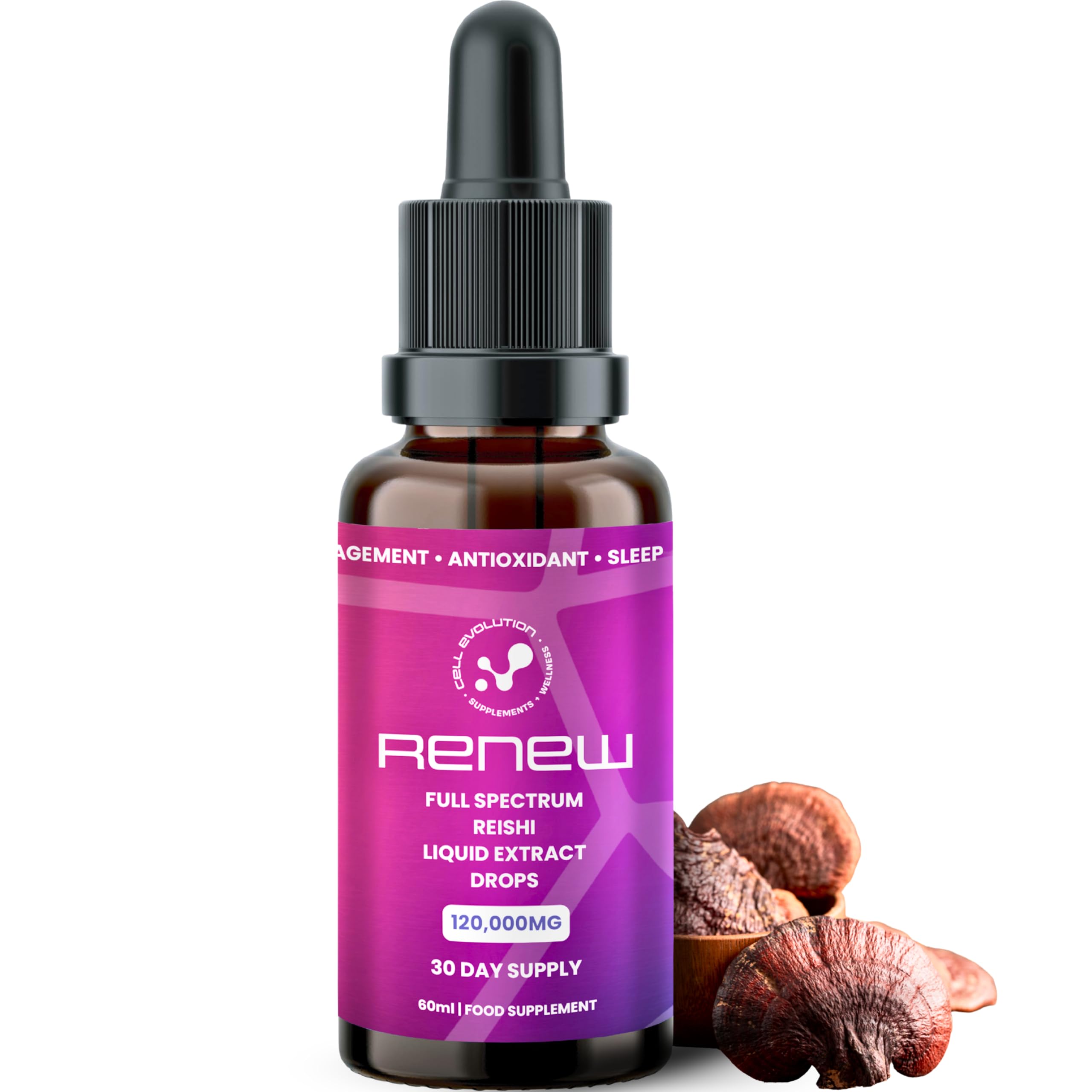 Reishi Full Spectrum Liquid Mushroom Drops Supplement, Super Strength 120,000mg (20:1), Sleep Support & Stress Management, Natural & Suitable for Vegans & Vegetarians
