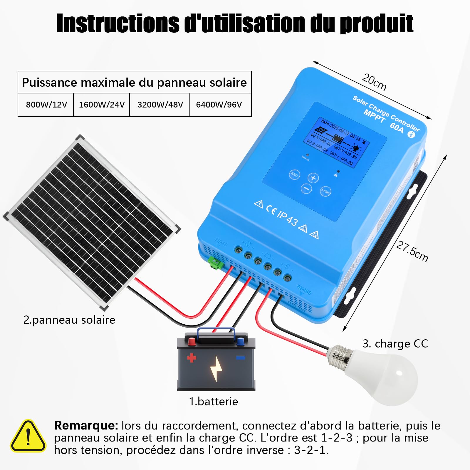 150V 60A Regulateur de Charge Solaire MPPT 12V24V48V96V Bluetooth Controleu