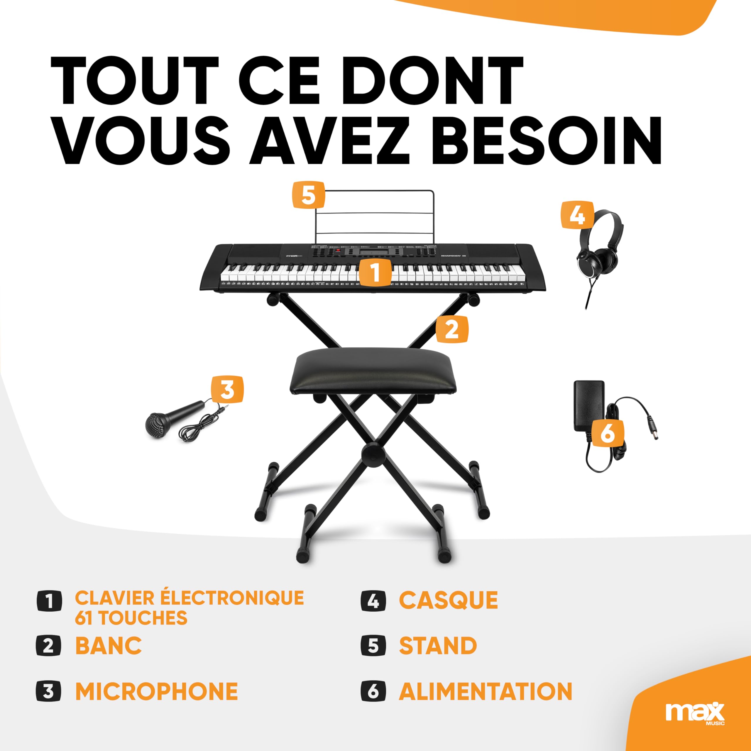 Max Rhapsody61 Clavier Électronique, 61 Touches, Pack complet avec Casque Audio, Stand, Micro et Banc, Synthétiseur Débutant Complet, Deux Haut-parleurs Intégrés, Idéal pour l'Apprentissage