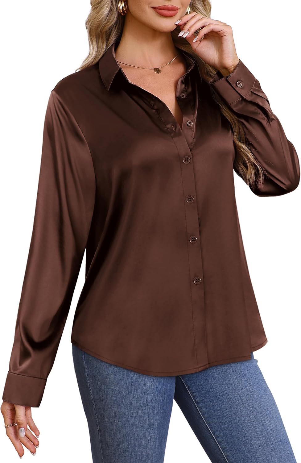OFEEFAN Womens Button Down Shirts Long Sleeve Tops Silk Satin Blouses Business Casual Fashion Outfit - Image 4