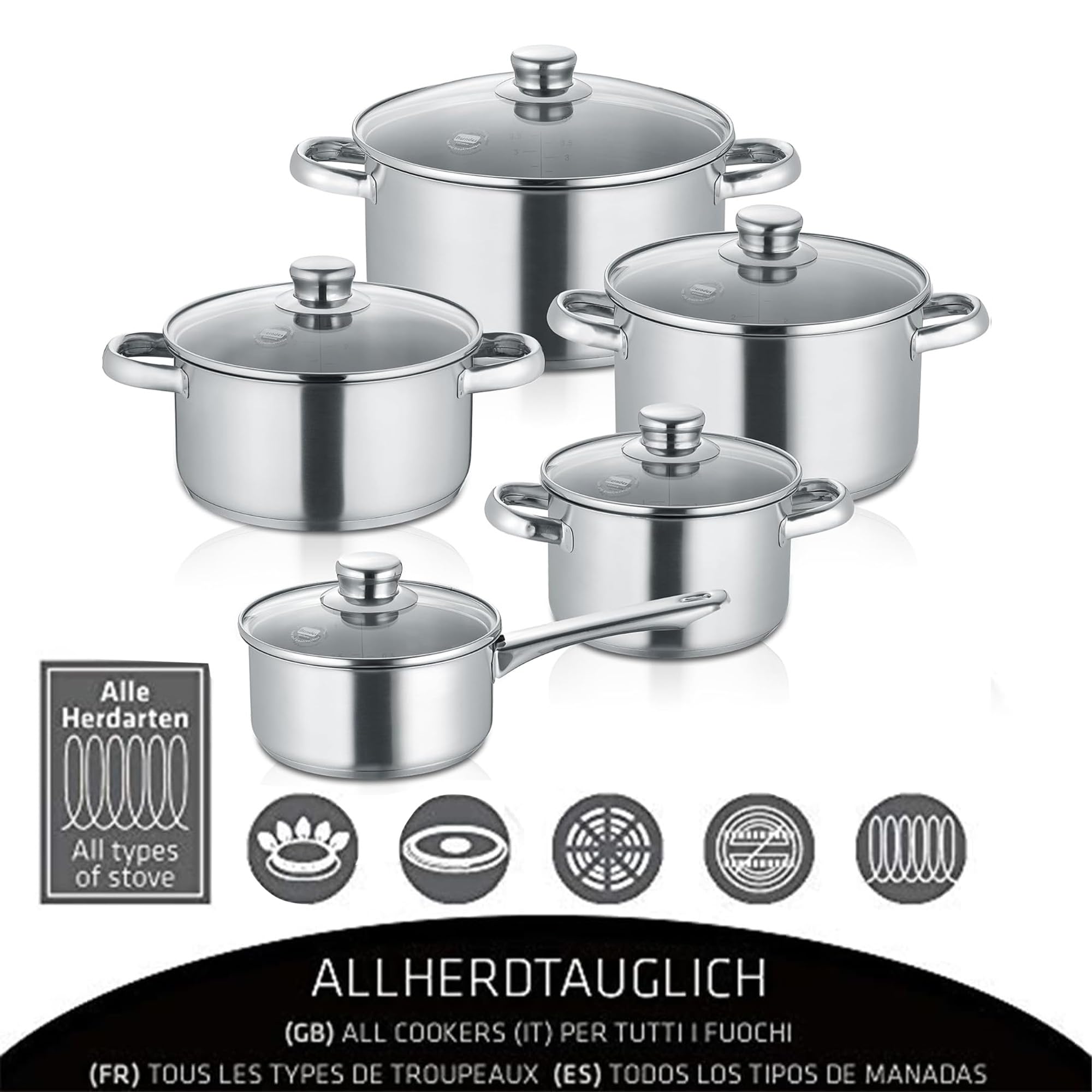 Berndes 5-teiliges Topfset New Roma, Kochtopf Set aus Edelstahl, induktionsgeeignet, Töpfe mit Deckel, new Roma Bratentopf 20