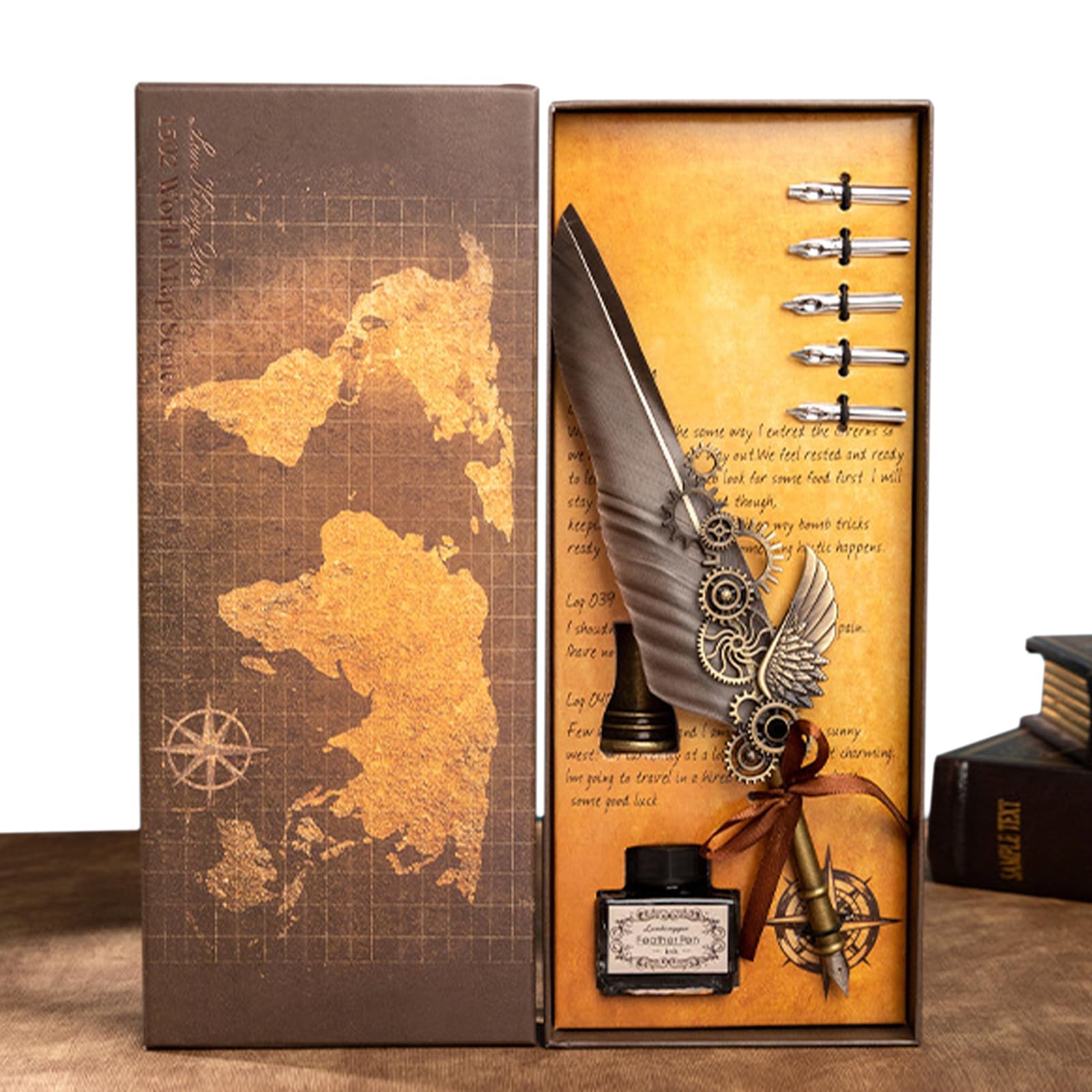 Feather Quill Pen Gift Box Set for Beginners, Handcrafted Dip Pen with Replaceable Nibs, Elegant Wing Fountain Design, Includes 6 Stainless Steel Nibs, Retro Gift Box, Ideal Birthday Festival Present