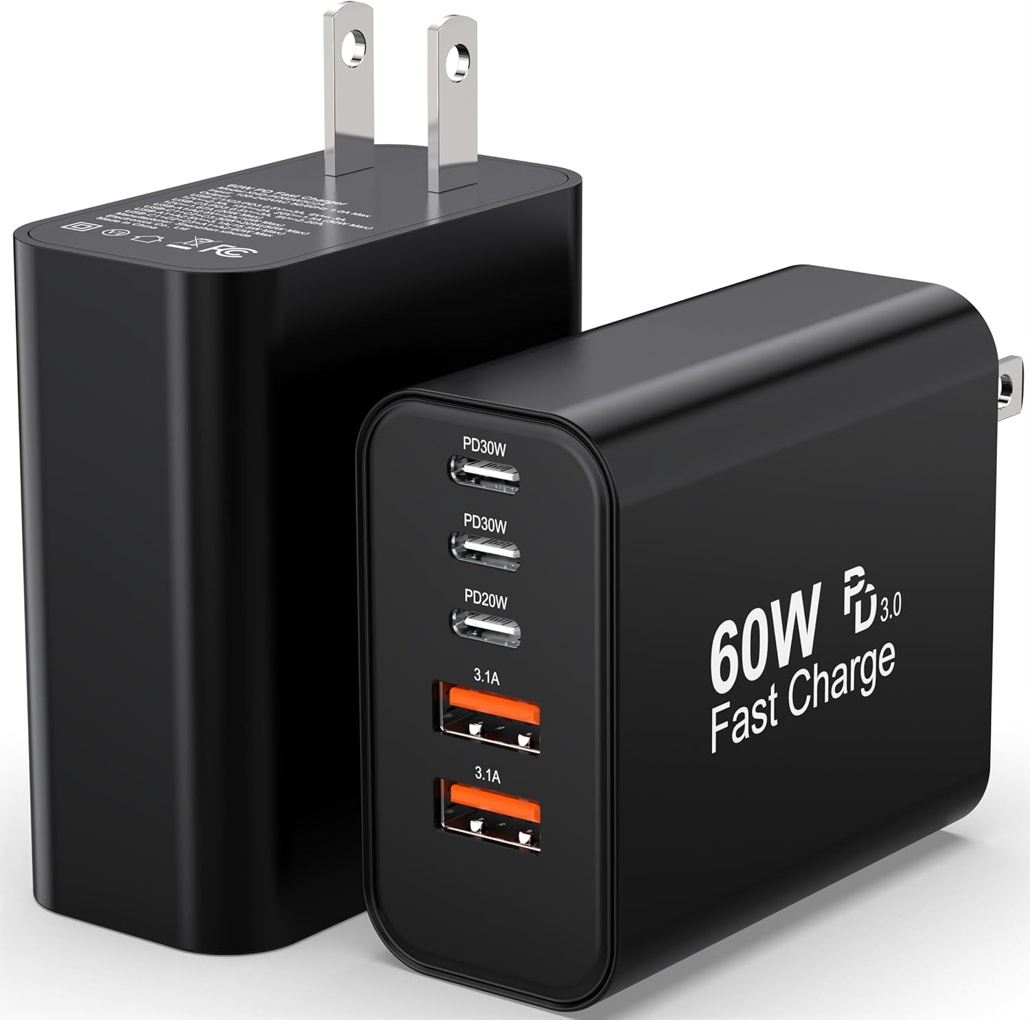 TZBAY 60W USB-C Charger Block (2-Pack), 5-Port Fast Charging Hub (3 USB-C, 2 USB-A), PD 3.0 Type C Power Brick Compatible with iPhone 17/16/15, iPad, & Samsung Galaxy - Black