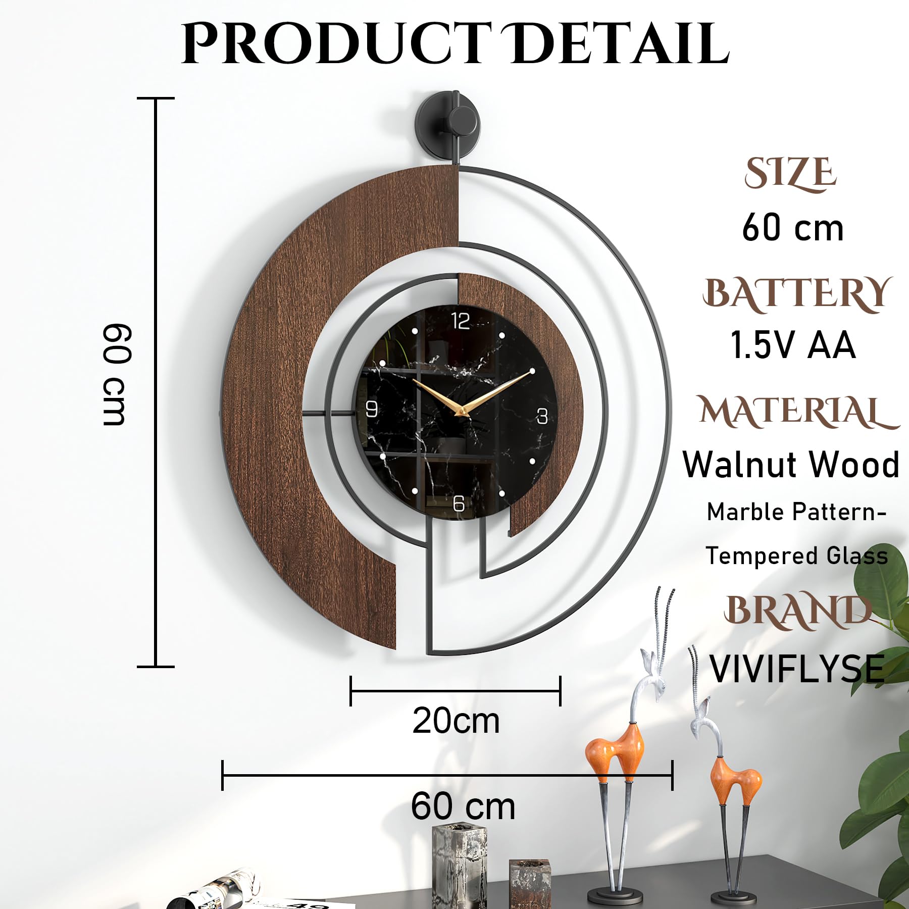 VIVIFLYSE Modern Walnut Marble Dial Wall Clock - Image 2