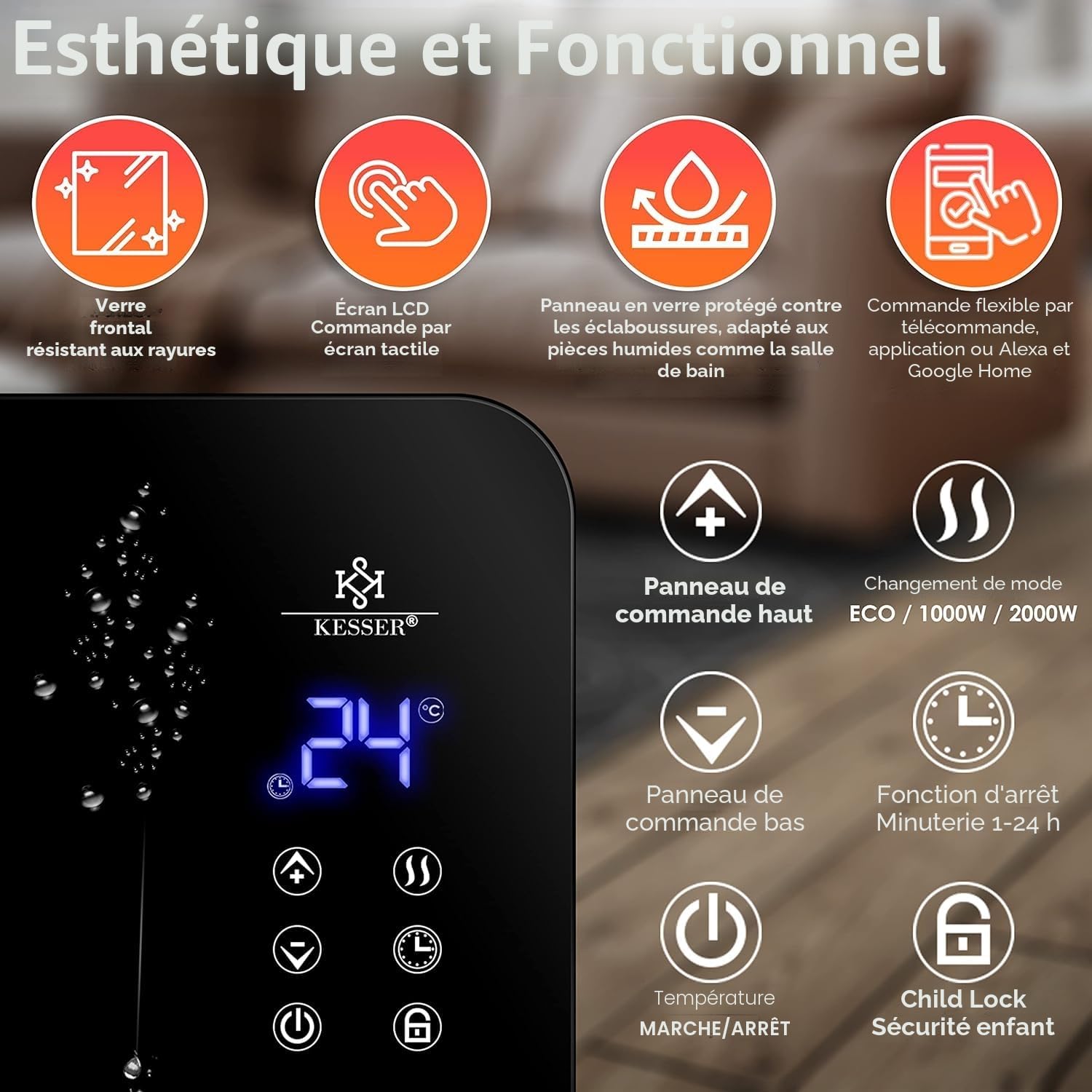 Kesser® Chauffage électrique en verre, convecteur, radiateur électrique, noir