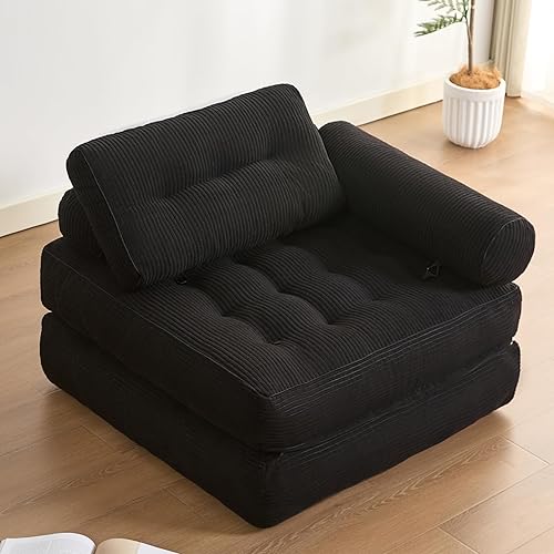 Plus Futon Sofa Bed for Small Spaces, Floor Couch with Armrest, Folding Sofa Couch, Convertible Sleeper Chair Bed with Pillow, Portable Comfy Floor Lounge for Living Room and Bedroom, Black