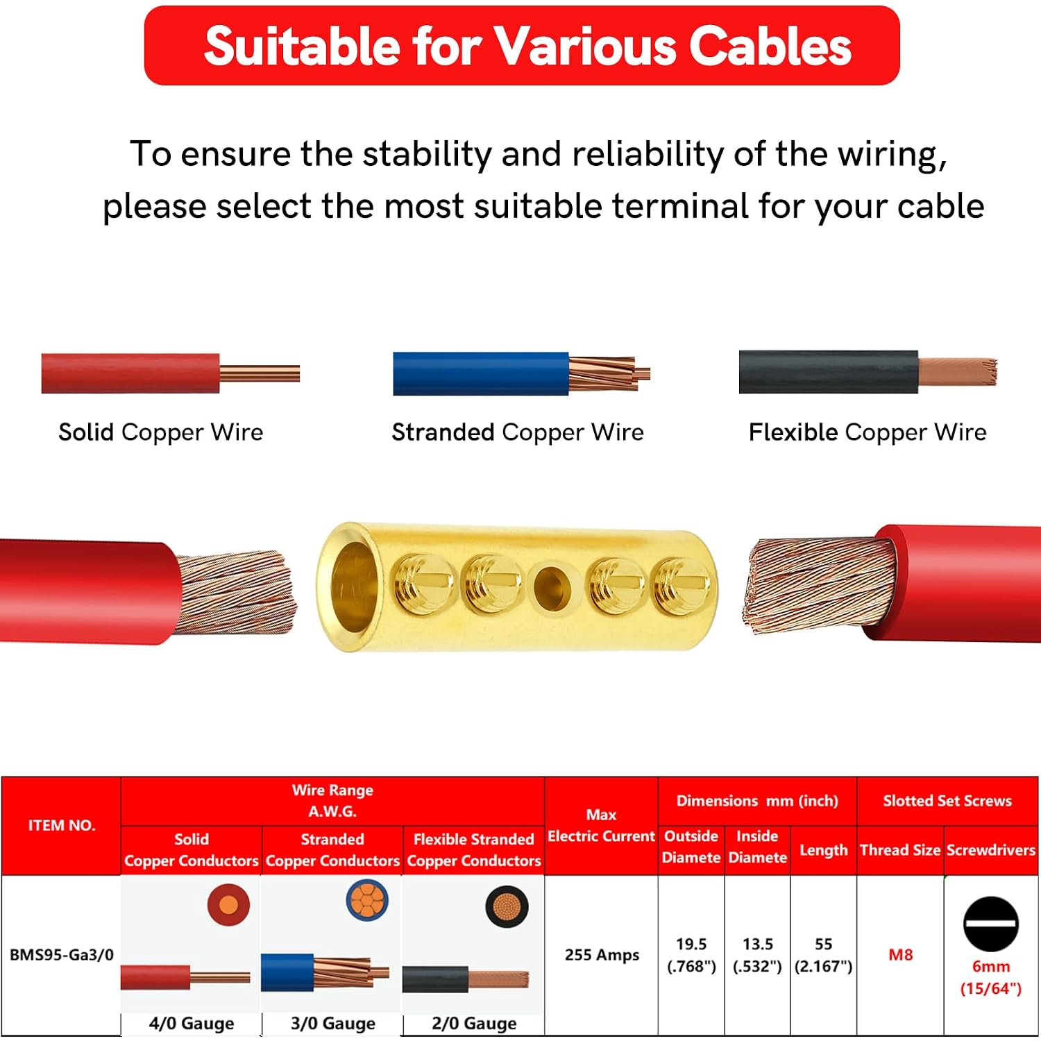 BAALA 3/0 Gauge Wire Butt Connectors Kit Pure Brass, 4PCS Screw Type Quick Wire Connector Butt Terminal,Butt Splice Connectors with 4pcs 3:1 Heat Shrink Tubes