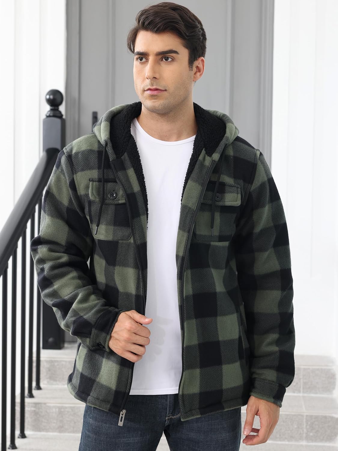 Men's Flannel Shirt Jacket Fleece Sherpa Lined Plaid Jackets Warm Thick Coat Full Zip Up Hoodie Winter Outwear - Image 4