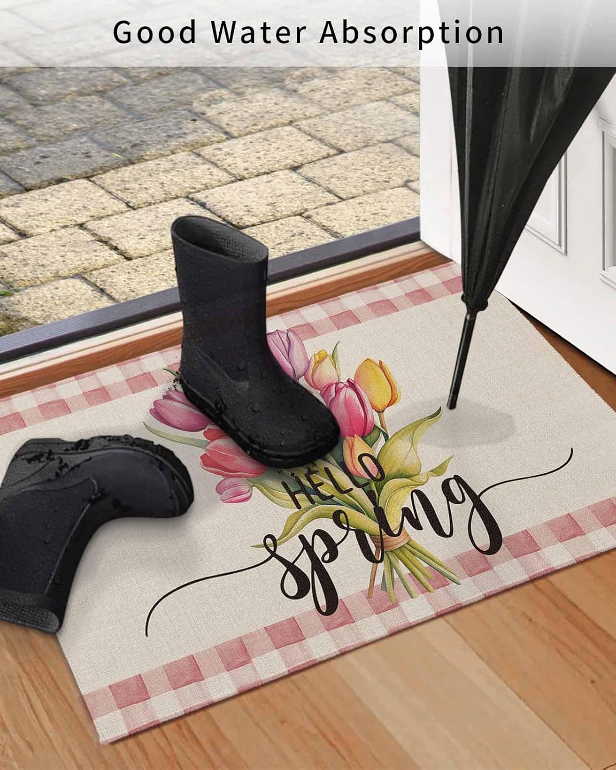 Bathroom Rugs,Hello Spring Quote Tulip Flowers Kitchen Rug Non-Slip Rubber Backing Doormat,Watercolor Leaves Bouquet on Pink Plaid Absorbent Bath Mat Washable Floor Mats for Bedroom Entryway 16x24in