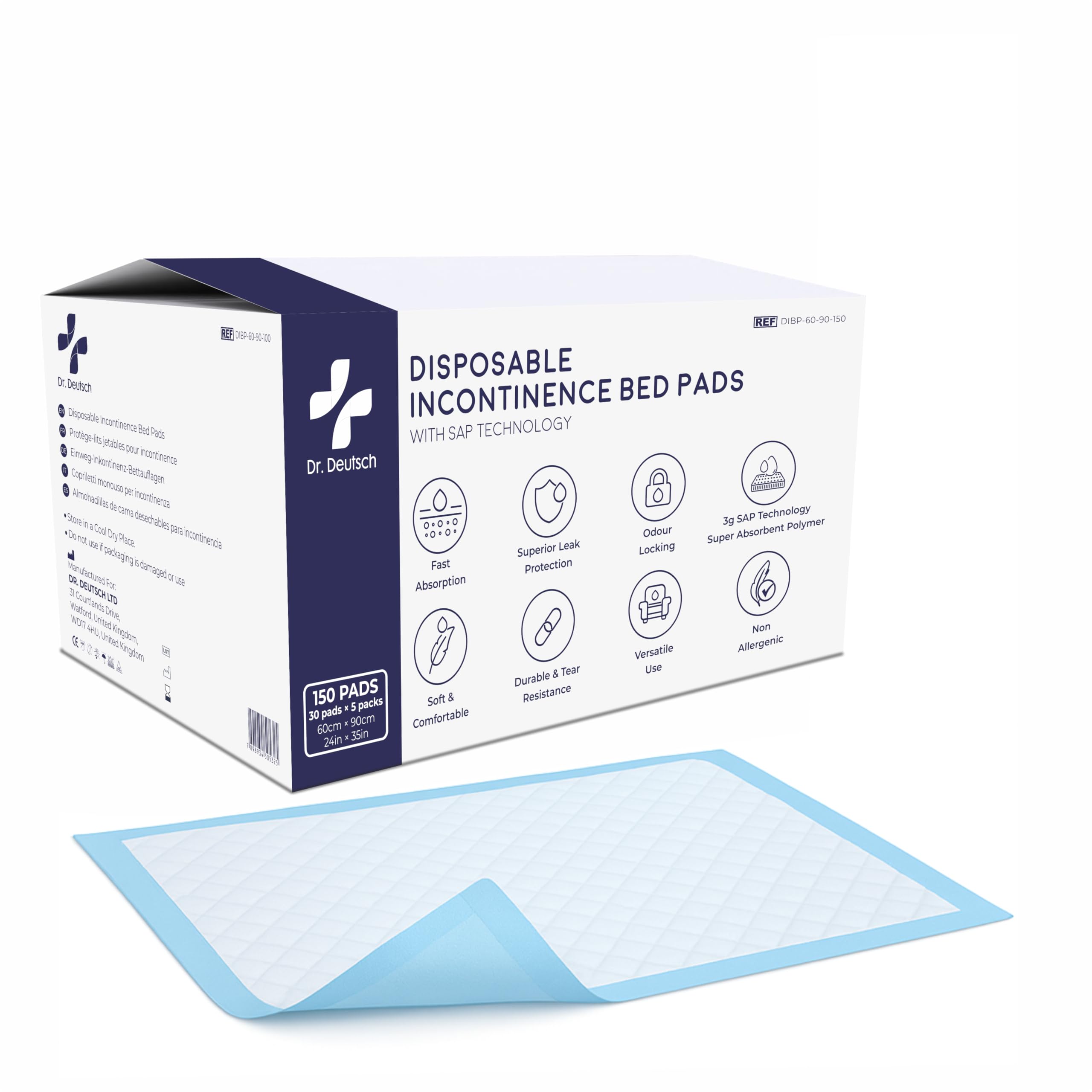 Dr.Deutsch - Juego de 150 almohadillas desechables para incontinencia (90 x 60 cm), para bebés, adultos y ancianos