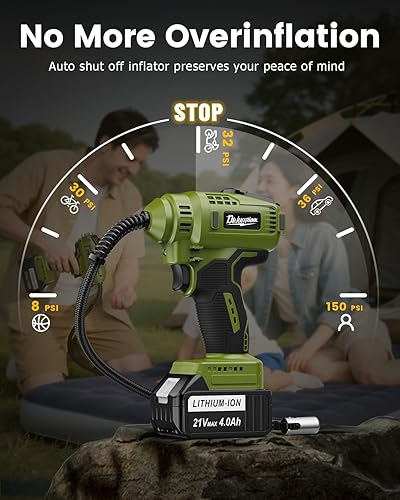 Miniatura 9 de Inflador de neumáticos portátil para automóvil con 2 baterías de 4000 mAh de 21 V, funciona silencioso, apagado automático, rápido y potente
