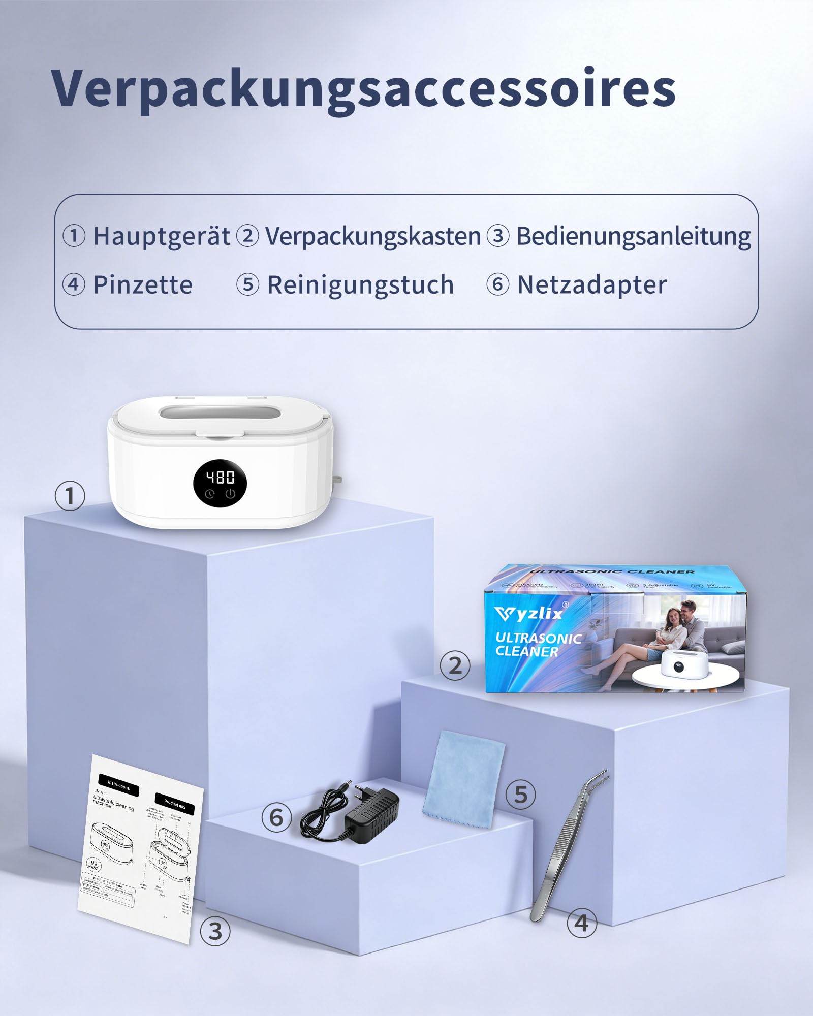 Ultraschallreinigungsgerät, 640ml Brillenreinigungsgerät, 49000Hz Ultraschallreiniger professionelle, 5 Modi Ultrasonic Cleaner mit Display, für Brille, Schmuck, Uhren Ringe